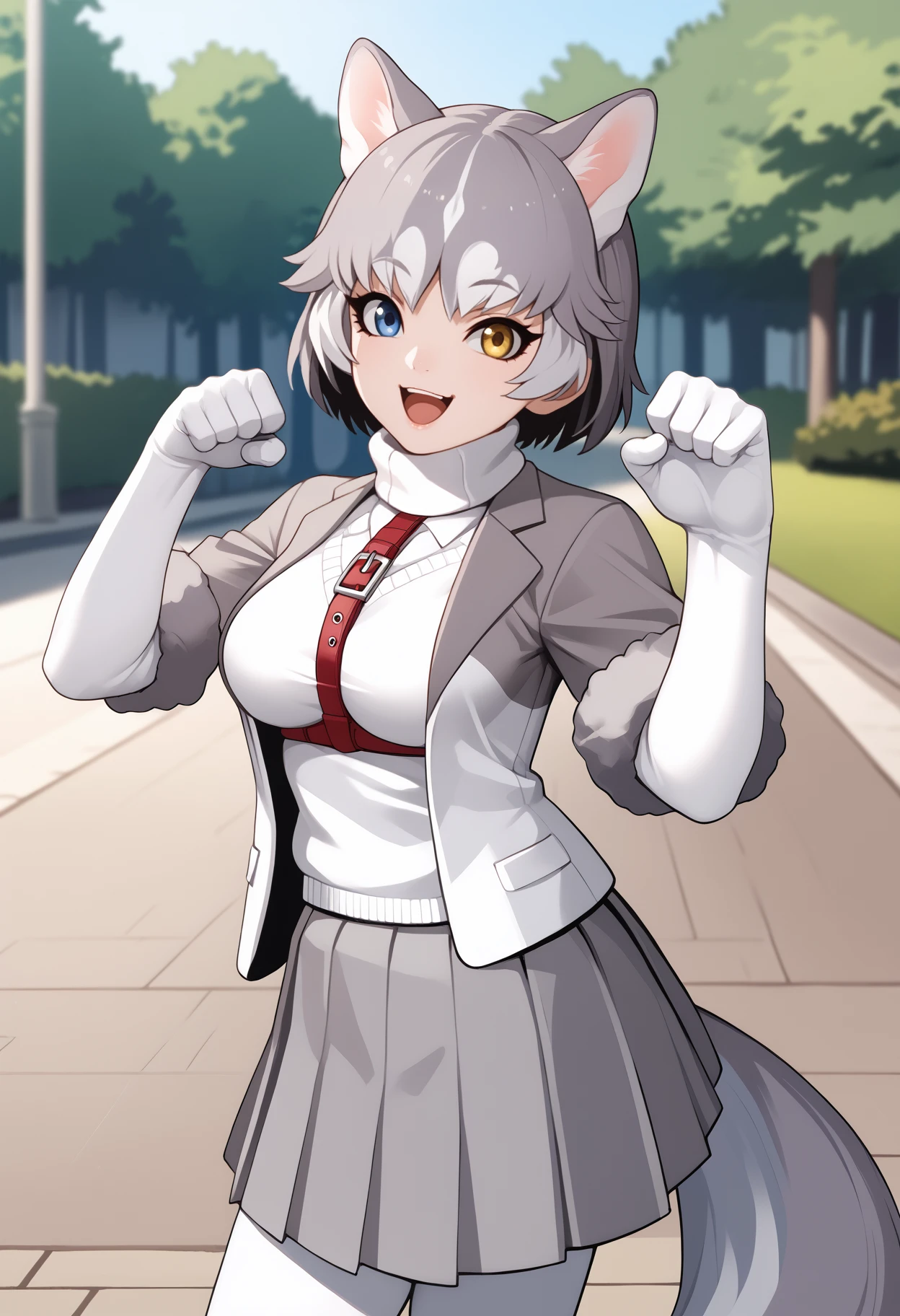 score_9, score_8_up, score_7_up, source_anime, <break> solo, 1girl, dom3sticd0g, dog tail, happy, open mouth, looking at you, standing, paw pose, short hair, two-tone hair, white hair, grey hair, animal ears, heterochromia, blue eyes, yellow eyes, fur trim, grey jacket, white jacket, short sleeves, fur-trimmed sleeves, white sweater vest, harness, white gloves, elbow gloves, grey skirt, pleated skirt, white pantyhose, large breasts, outdoors, park
<segment:yolo-face_yolov8m.pt,0.4,0.5//cid=1>