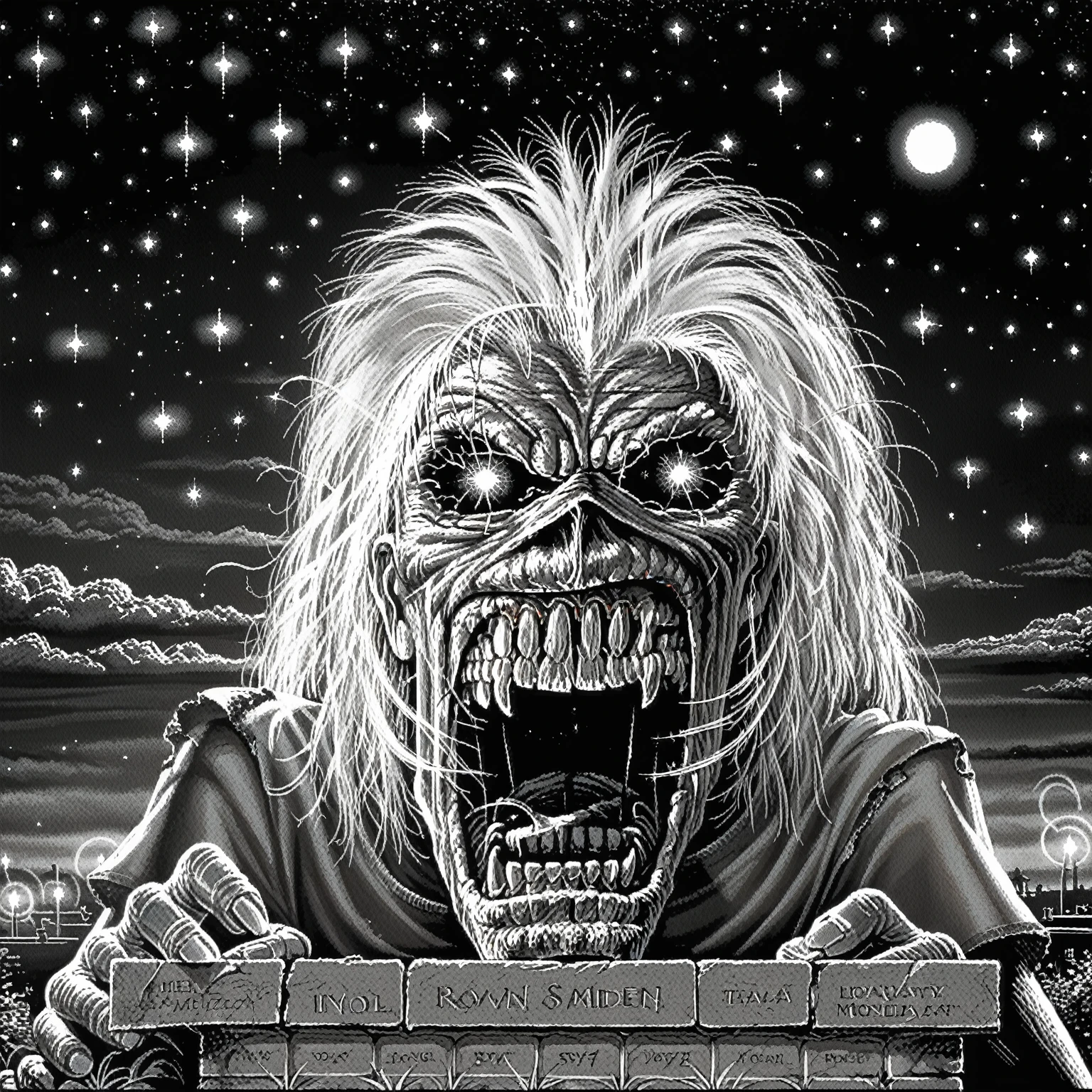 <lora:album-covers-im_pony_v1:1> an "iron maiden" album cover,  <lora:Uno_Moralez_v2:1> uno_moralez_style, monochrome, no humans, night,holding weapon, , star (sky), teeth, score_9, score_6_up, score_7_up