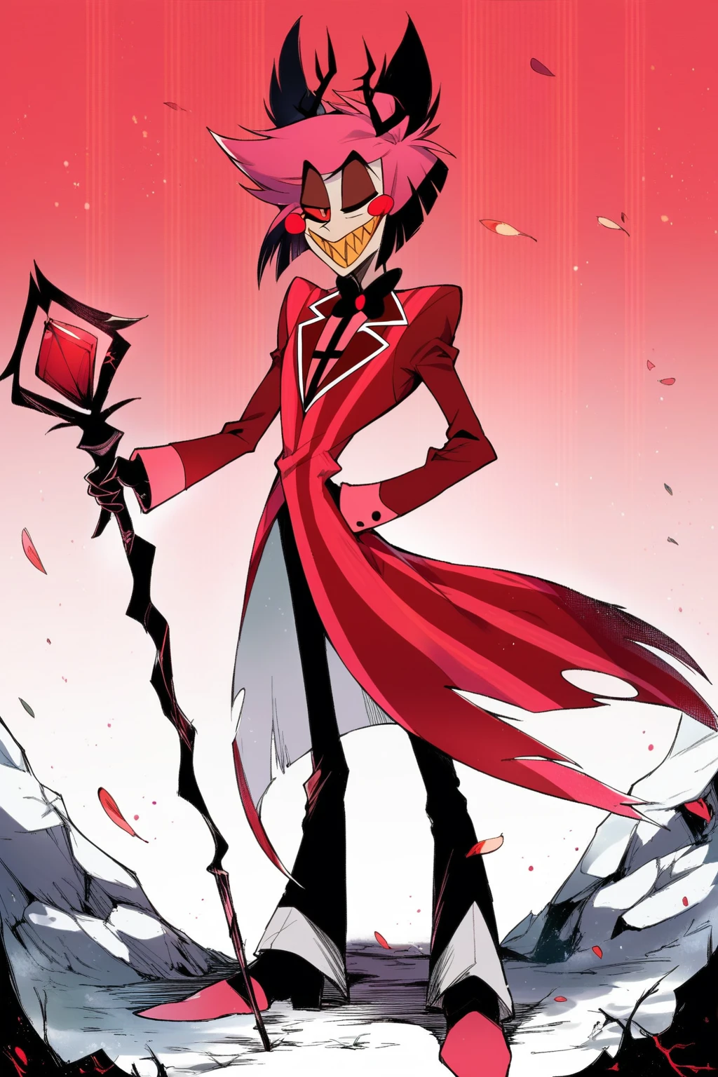 score_9, score_8_up, score_7_up, score_6_up, score_5_up, score_4_up, masterpiece, high quality, BREAK, full body, 1boy,  BREAK,  <lora:Alastor_HH:0.8> Alastor (hazbin Hotel), red hair, red eyes, red suit, sharp teeth, smiling, cane, staff, yellow teeth, horns, pale skin, slender, black pants,