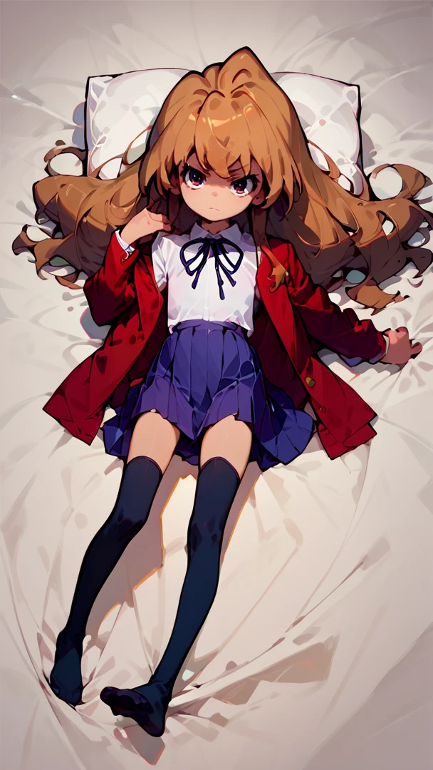 score_9,score_8_up,score_7_up,score_6_up,source_anime,aisaka taiga,1girl,solo,brown hair,long hair,flat chest,(oohashi high school uniform,red jacket:1.2),thighhighs,lying,on bed,looking at viewer,full body,<lora:aisaka0006-000008:0.9>,