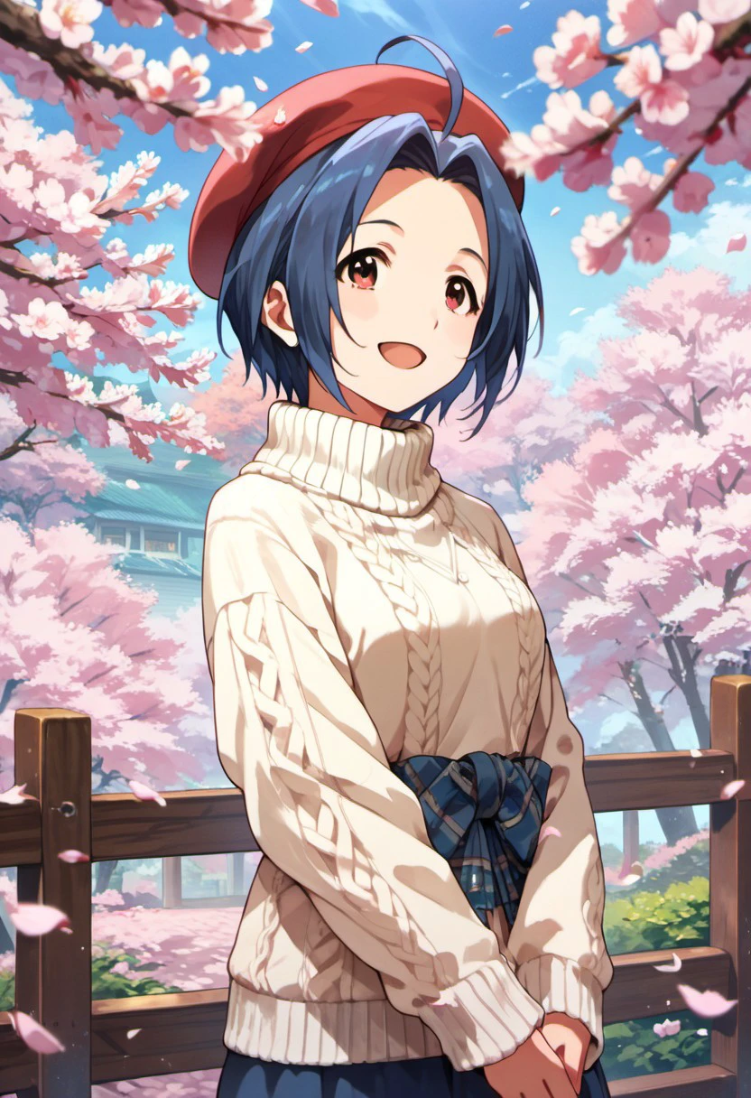 score_9, score_8_up, score_7_up, source_anime,miura azusa, blue hair, ahoge, short hair, red eyes, 1girl, hat, cherry blossoms, smile, solo, open mouth, beret, :d, flower, petals, sweater