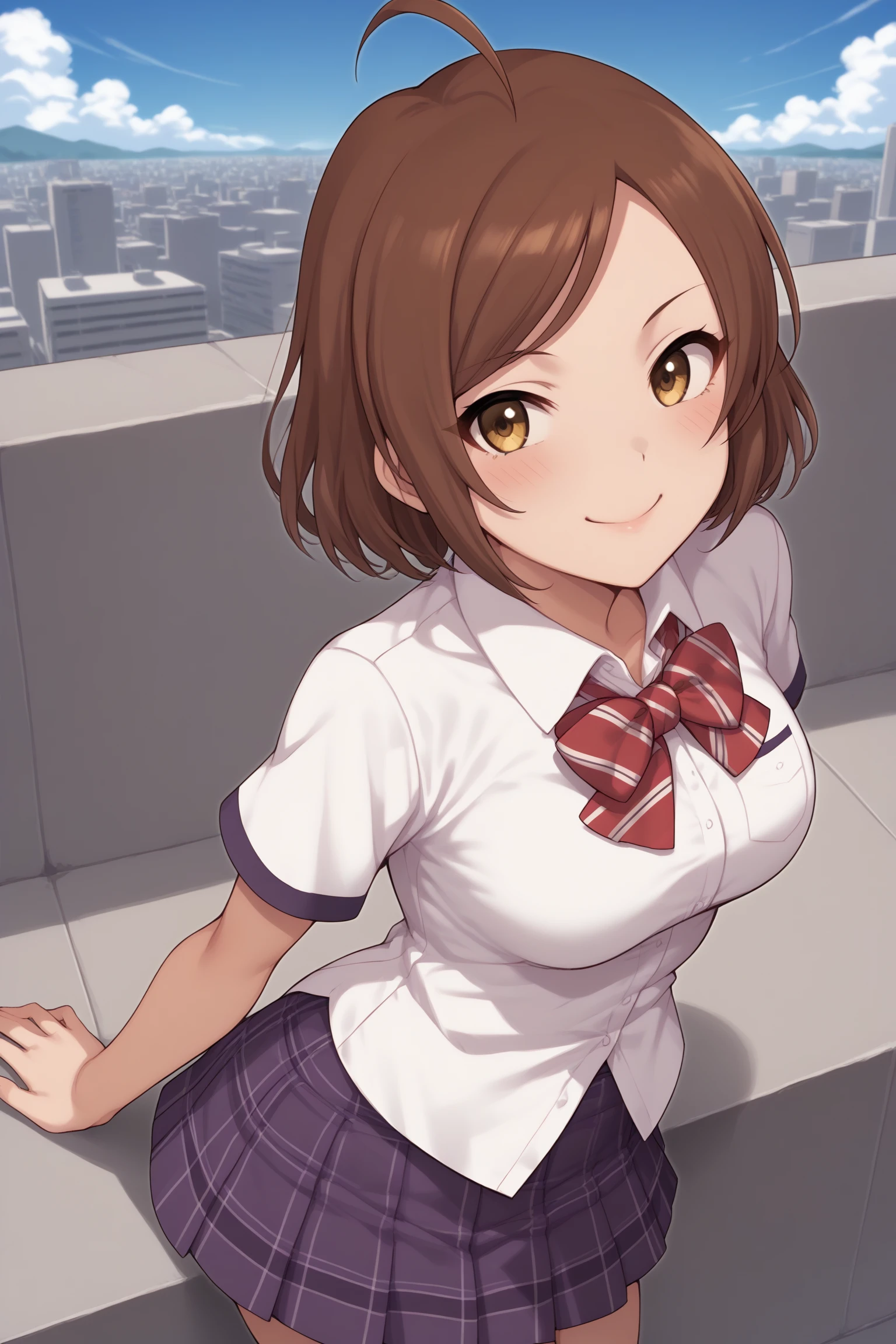 score_9, score_8_up, score_7_up, score_6_up, score_5_up, source_anime, rating_safe, medium breasts, outdoors, city, skyscraper, rooftop, 1girl, solo, looking at viewer, im yujin, brown hair, short hair, ahoge, yellow eyes, long eyelashes, idolmaster cinderella girls, school uniform, short sleeves, purple sleeve ends, white shirt, collared shirt, breast pocket, red bowtie, untucked shirt, purple skirt, plaid skirt, pleated skirt, short skirt, <lora:Yujin_Im:0.8>, <lora:untucked_shirt-000006:1>, closed mouth, hands on own hip, blue sky, white socks, red sneakers, (full body:1.2)