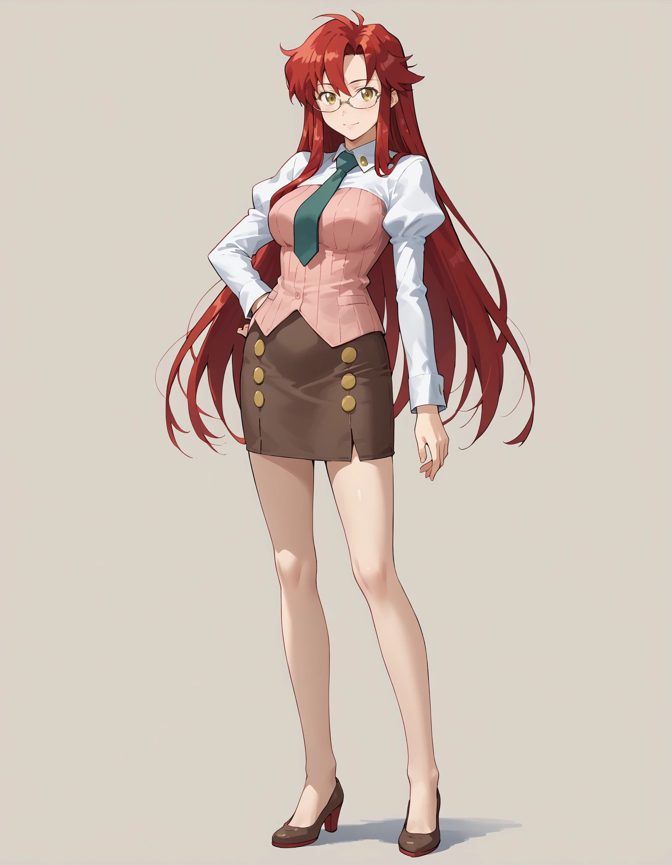 yoko littner, red hair, long hair, teacher yoko, glasses, brown skirt, tie,  full body, very long hair, <lora:Yoko_Littner_Original_Space__Teacher_Outfit-000019:1>, 1girl, solo, simple background