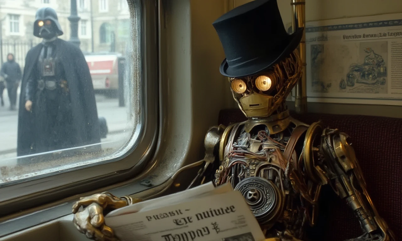 a photo of c-3po sitting in the london subway car, wearing a top hat and monocle,reading the newspaper,(text on paper says <Empire strikes back>:1.3), darth vader is standing outside looking into the window, <lora:C-3PO-early form flux.1D:1>