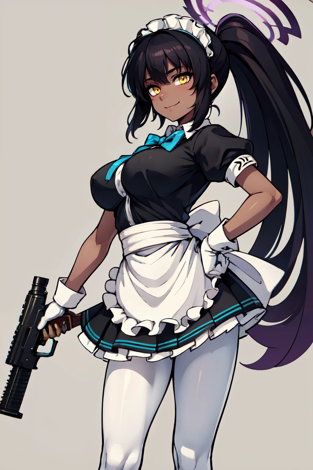 ((masterpiece,best quality)), absurdres,  BREAK, , <lora:Karin_BlueArchive_Citron:0.8>, zzKarin, black hair, dark-skinned female, long hair, yellow eyes, breasts, large breasts, halo, very long hair, bow, ponytail, blue bow, maid headdress, puffy short sleeves, white gloves, white pantyhose, black footwear, bowtie, black dress, frills, high heels, maid apron, holding gun , BREAK, hip to the side, hand on hip, contrapposto,, BREAK, solo, smile, looking at viewer, cowboy shot,