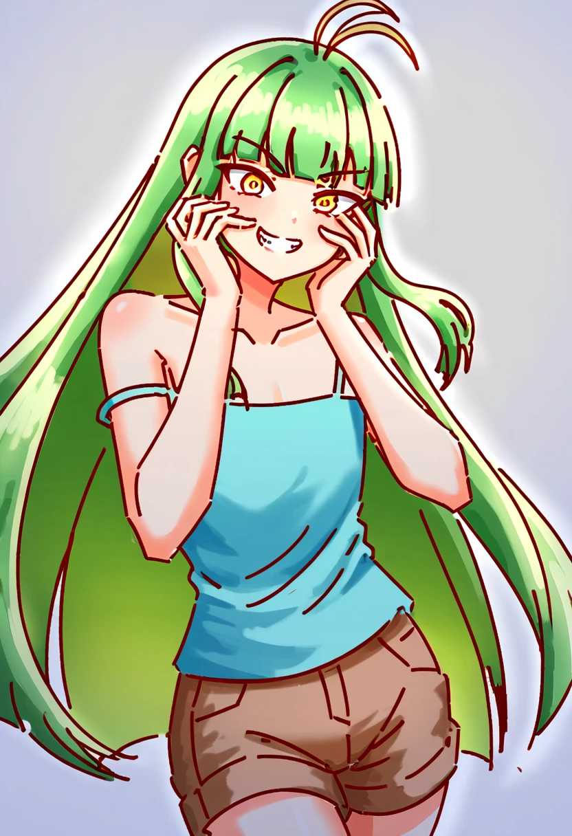 score_9, (rating_safe), odalia blight, hair bun, wrapped in towel, medium breasts, cleavage, woman, green hair, screencap, holding phone