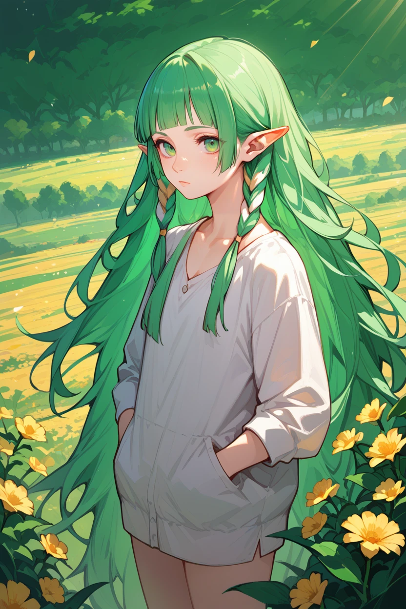 score_9, score_8_up, score_7_up, score_6_up
<lora:FESothis:1.0>
FESothis, 1girl, green hair, long hair, blunt bangs, pointy ears, looking at viewer, standing in a field of lavender, hands in pockets, slight breeze blowing hair, warm golden hour sunlight, serene and peaceful mood