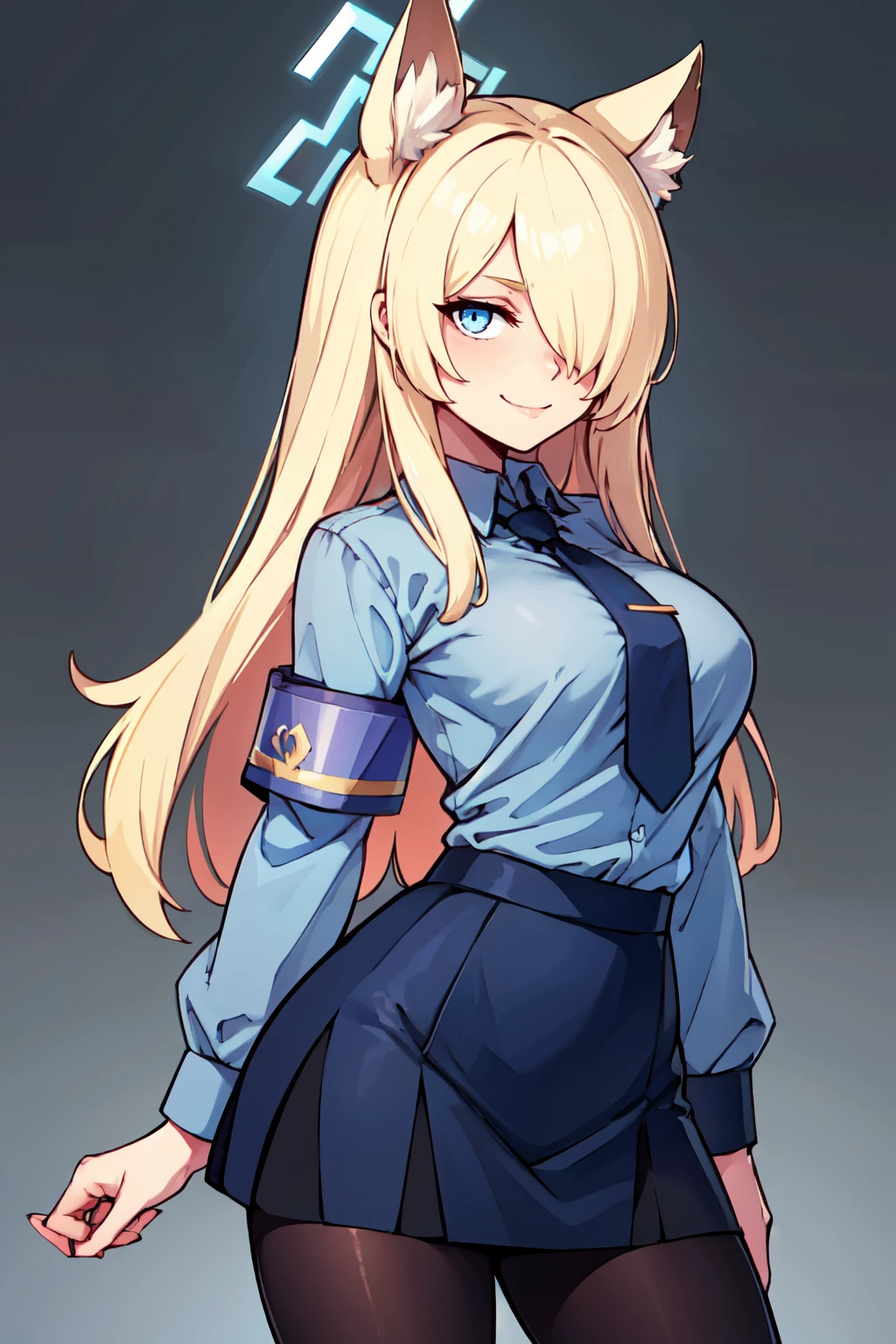 ((masterpiece,best quality)), absurdres,  BREAK, , <lora:Kanna_BlueArchive_Citron:0.8>, zzKanna, blonde hair, long hair, animal ears, blue halo, hair over one eye, blue eyes, breasts, large breasts, extra ears, dog ears black jacket, blue shirt, collared shirt, holding cup, blue necktie, black pantyhose, blue skirt, armband, looking at viewer, simple background , BREAK, hip to the side, contrapposto, cowboy shot,, BREAK, solo, smile, looking at viewer, cowboy shot,