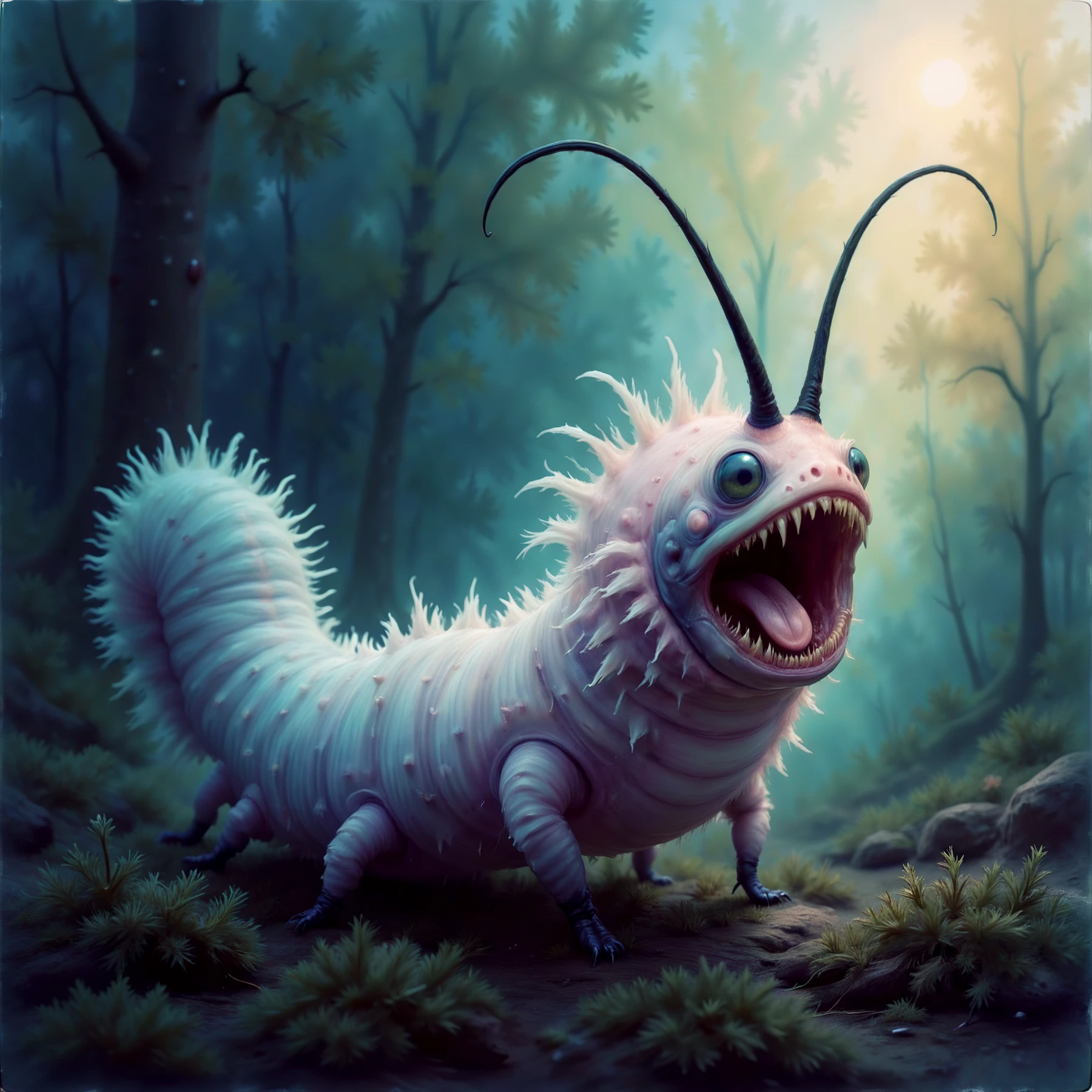 A pale luminous pastel creature, with grey hues, like a segmented worm, standing high on its legs with a wide open mouth. Antennae protrude from its head. 

It looks like something out of Alice's Adventures in Wonderland.

<lora:FantasyPastel01-02_CE_SDXL_64x32x120x2bOT:1>
FntsyPstlCE style