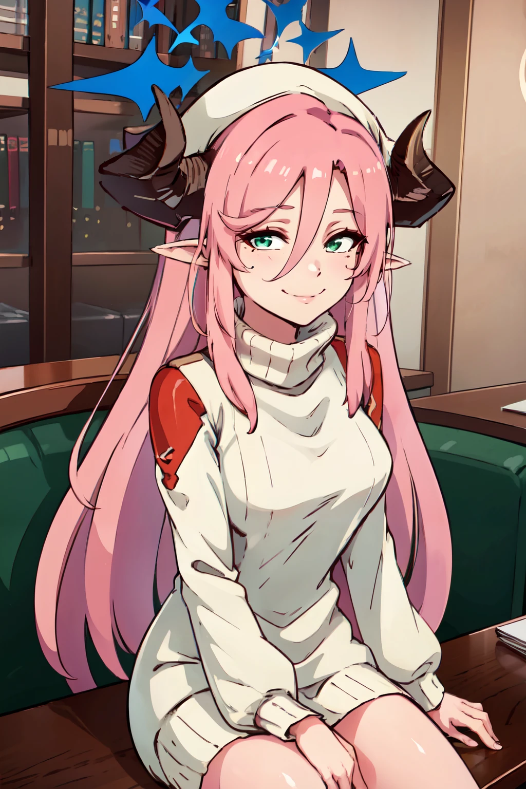 ((masterpiece,best quality)), absurdres,  BREAK, , <lora:Juri_BlueArchive_Citron:0.8>, zzJuri, horns, long hair, pink hair, pointy ears, hair between eyes, halo, demon horns, very long hair, mole under eye, green eyes, BREAK, turtleneck sweater, earrings, library, cup of coffee, sitting at table, BREAK, solo, smile, looking at viewer, cowboy shot,