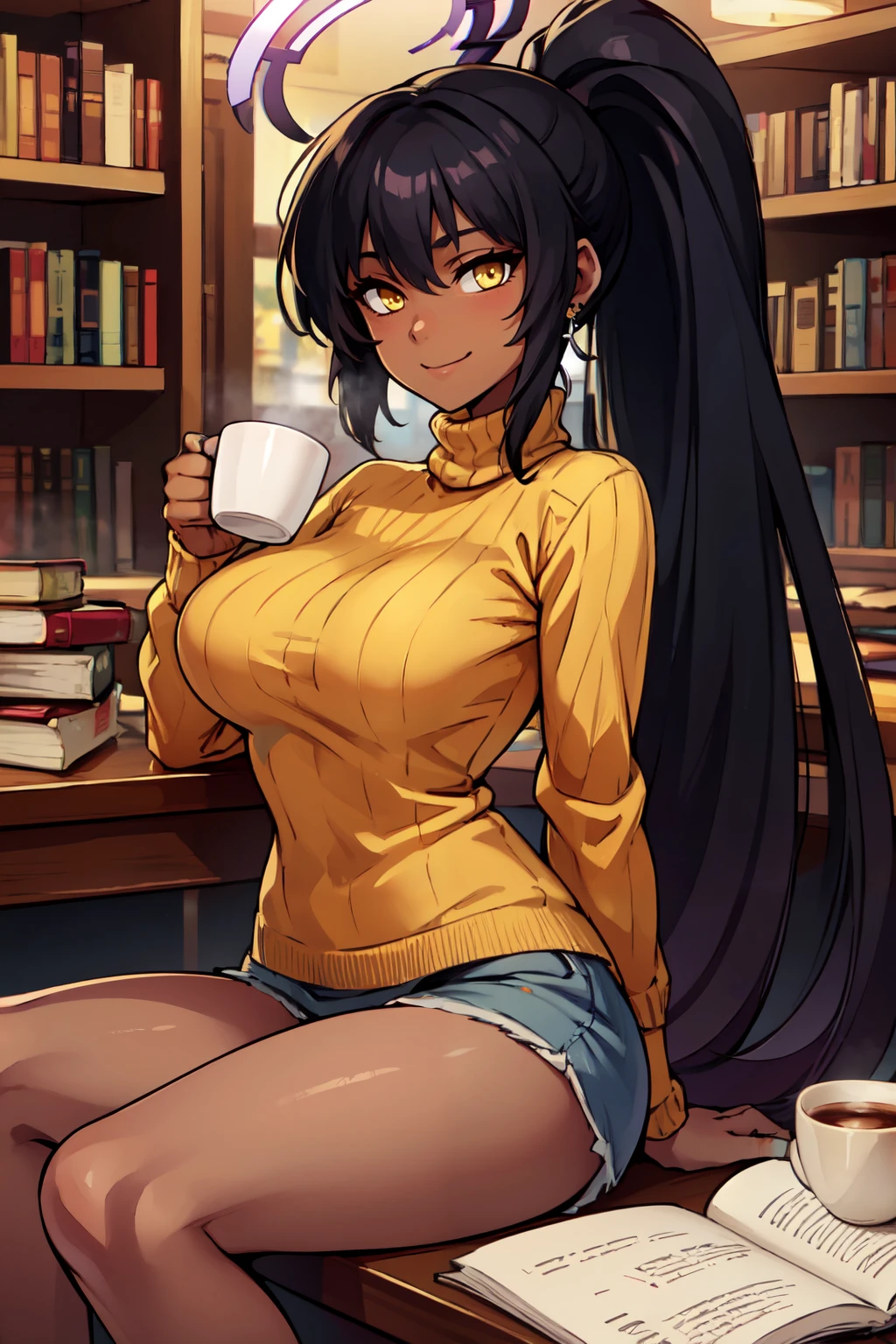 ((masterpiece,best quality)), absurdres,  BREAK, , <lora:Karin_BlueArchive_Citron:0.8>, zzKarin, black hair, dark-skinned female, long hair, yellow eyes, breasts, large breasts, halo, very long hair, bow, ponytail, blue bow, , BREAK, turtleneck sweater, earrings, library, cup of coffee, sitting at table, BREAK, solo, smile, looking at viewer, cowboy shot,