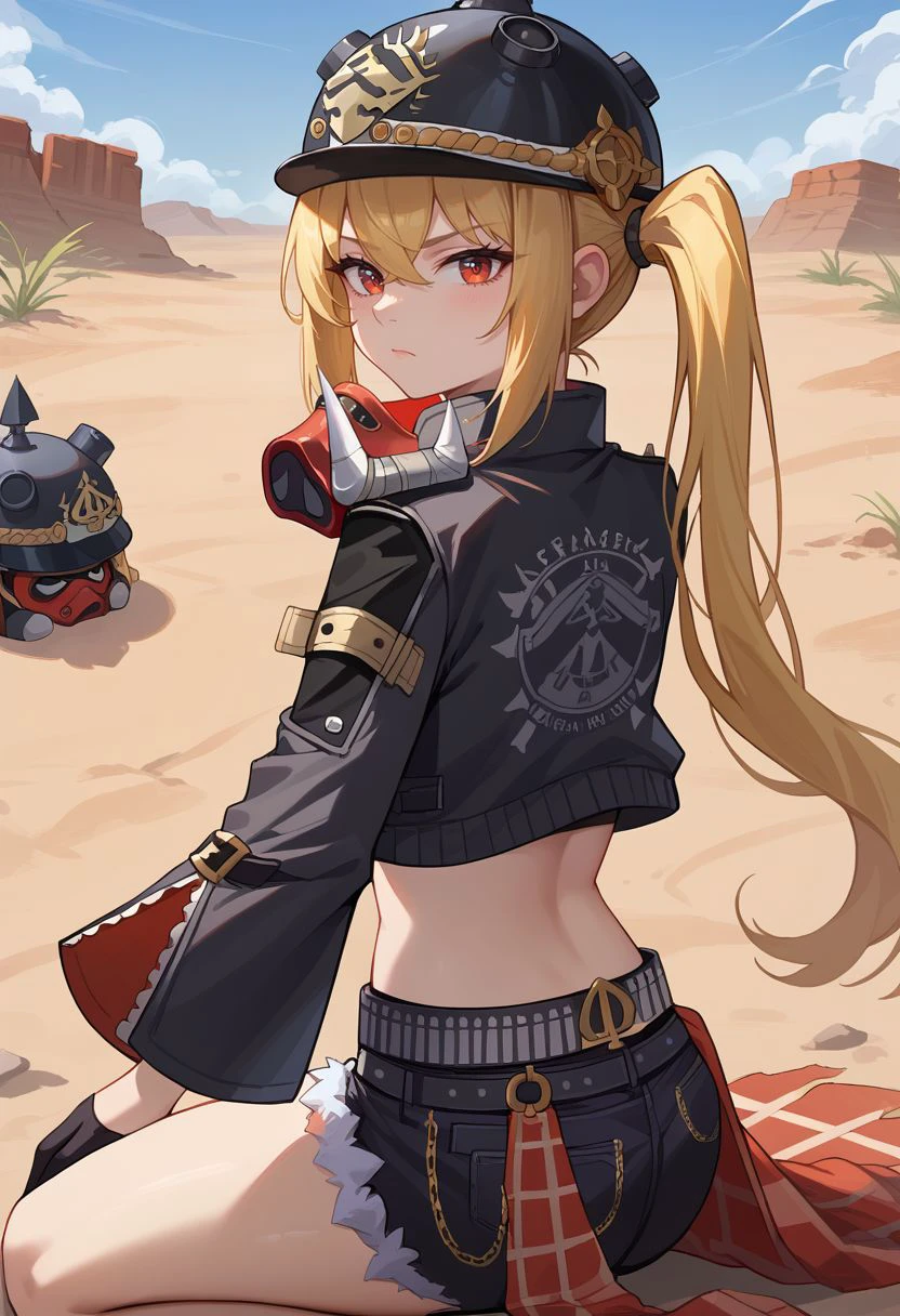 score_9, score_8_up, score_7_up, source_anime, 1girl, lucydef, red eyes, blonde hair, long hair, side ponytail, helmet, black headwear, mask around neck, black jacket, open jacket, cropped jacket, crop top, torn clothes, midriff, navel, long sleeves, black gloves, belt, short shorts, black shorts, denim shorts, fur trim, chain, (wariza, kneeling), serious, closed mouth, looking at viewer, outdoors, desert, portrait, close-up, upper body, from behind, back, looking back, <lora:Lucy_v1-000010:1>