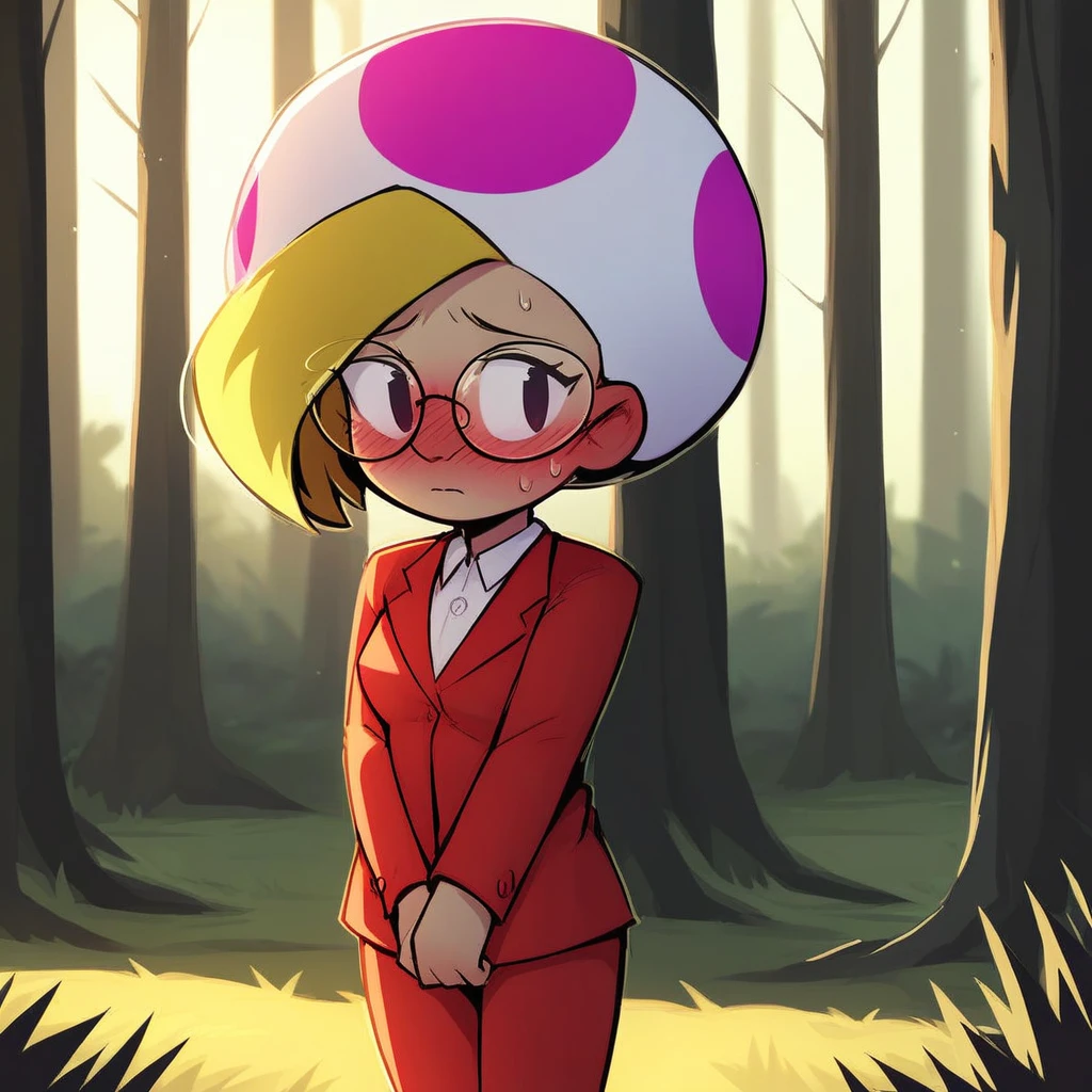 score_9, solo, jolene_tyd, blonde hair, glasses, suit, blush, shy, forest, natural lighting