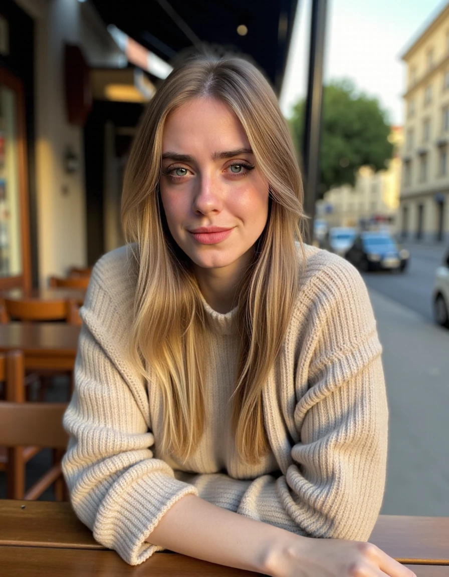 <lora:magui_ansuz_flux_v1_3_25:1.1>,shot of m4nsuz woman,free hair,realistic, looking at the camera, 18 years old, in downtown Buenos Aires, wearing a thick wool sweater, sitting on an outside table of a coffee shop, soft smiling with mouth closed, medium closeup shot,sunlight,amateur