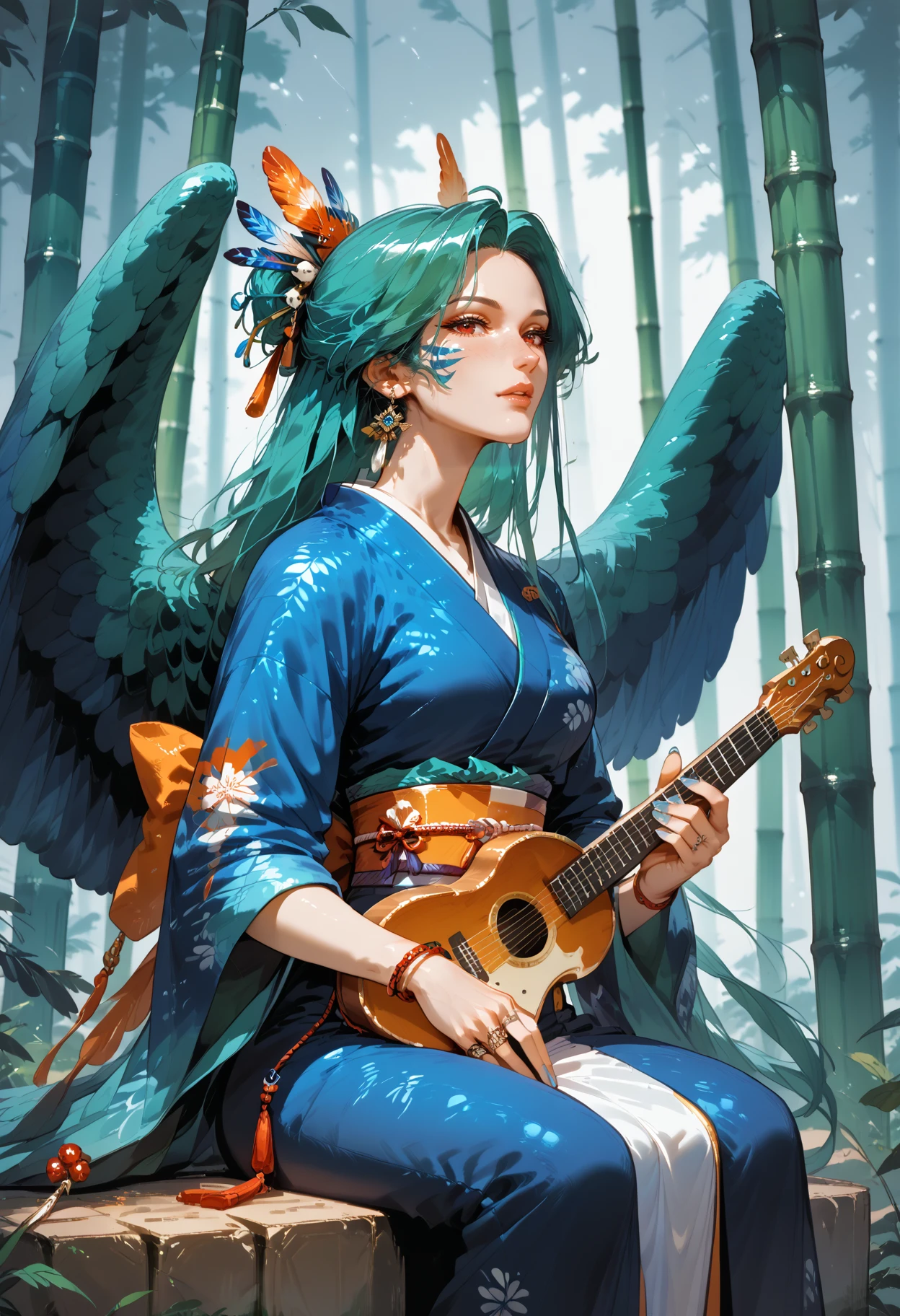 score_9, score_8_up, score_7_up, score_6_up, score_5_up, score_4_up, rating_safe,
 <lora:KingfisherV4:1> k1ngf1sher, feathered_wings, 
1girl, instrument, solo, nature, japanese clothes, forest, kimono, lute (instrument), bamboo, long hair, biwa lute, red eyes, tabi, sitting, bamboo forest