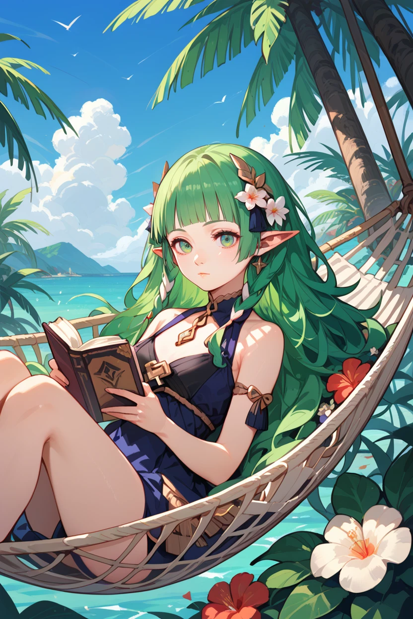 score_9, score_8_up, score_7_up, score_6_up
<lora:FESothis:1.0>
FESothis, 1girl, green hair, long hair, blunt bangs, pointy ears, looking at viewer, laying in a hammock, reading a book, tropical beach with palm trees swaying, clear blue sky and ocean, tranquil and leisurely setting