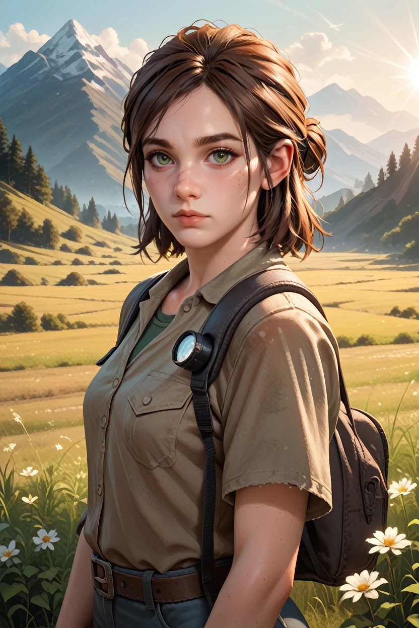 score_9, score_8_up, score_7_up, score_6_up
<lora:TLOU2Ellie:0.8>
TLOU2Ellie, 1girl, brown hair, green eyes, looking at viewer, standing in a field during the golden hour, hand gently brushing through tall grass, mountains in the distance, warm sunlight casting a glow, serene and connected to nature