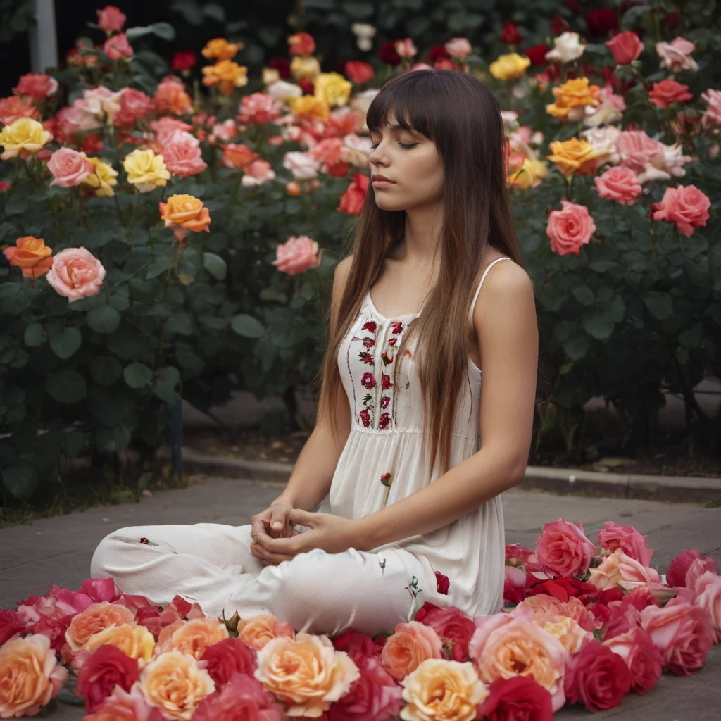 Hight detail RAW color photo, professional photograph, low saturation, side view,
beautiful woman, 20 yo, Straight long hair with bangs,
She is wearing a Loose Dress and sitting cross-legged with her Half-closed eyes meditating, 
(blooming Colorful flowers, An incredible amount of roses:1.5),<lora:roseyard:1>,