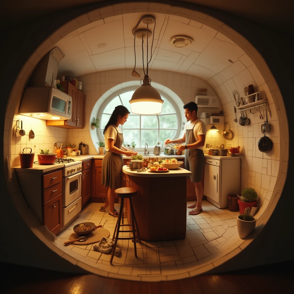 cinematic film still professional 3d model <lora:lora-2..000008.TA_trained:1>A circular, tunnel-shaped kitchen where a couple is preparing a meal. The curved walls are lined with cabinets, a stove, and tiny utensils. Thereâs a small kitchen island in the center, with detailed elements like vegetables, pots, and pans. The scene is illuminated by warm, overhead lights, creating a homey atmosphere viewed through a transparent window with a fisheye lens. . octane render, highly detailed, volumetric, dramatic lighting . shallow depth of field, vignette, highly detailed, high budget, bokeh, cinemascope, moody, epic, gorgeous, film grain, grainy