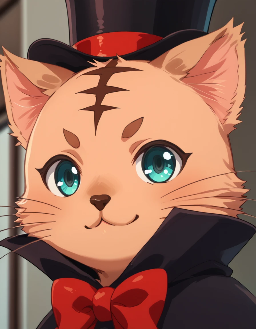 score_9, score_8_up, score_7_up, score_6_up, score_5_up, score_4_up, source_anime  <lora:ProfessedHerselfPupiloftheWiseMan:1> soft smile, portrait  CaitSith, cat ears, aqua eyes, facial mark, cat, red bowtie, furry, top hat, black cape, whiskers,