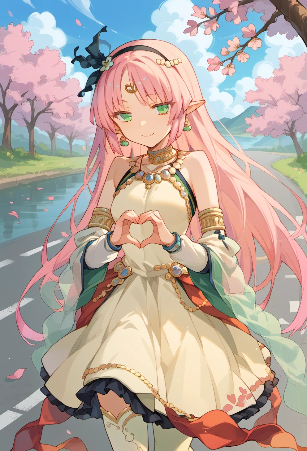 score_9, score_8_up, score_7_up, source anime, quelplan, 1girl, long hair, green eyes, solo, pink hair, jewelry, dress, detached sleeves, white thighhighs, earrings, hairband, bare shoulders, very long hair, pointy ears, smile, circlet, forehead mark, hair ornament, red ribbon, necklace, shawl, heart hands, heart, cherry blossoms, road, street, lake, sky, <lora:quelplan-xl-pony-v1:1>,