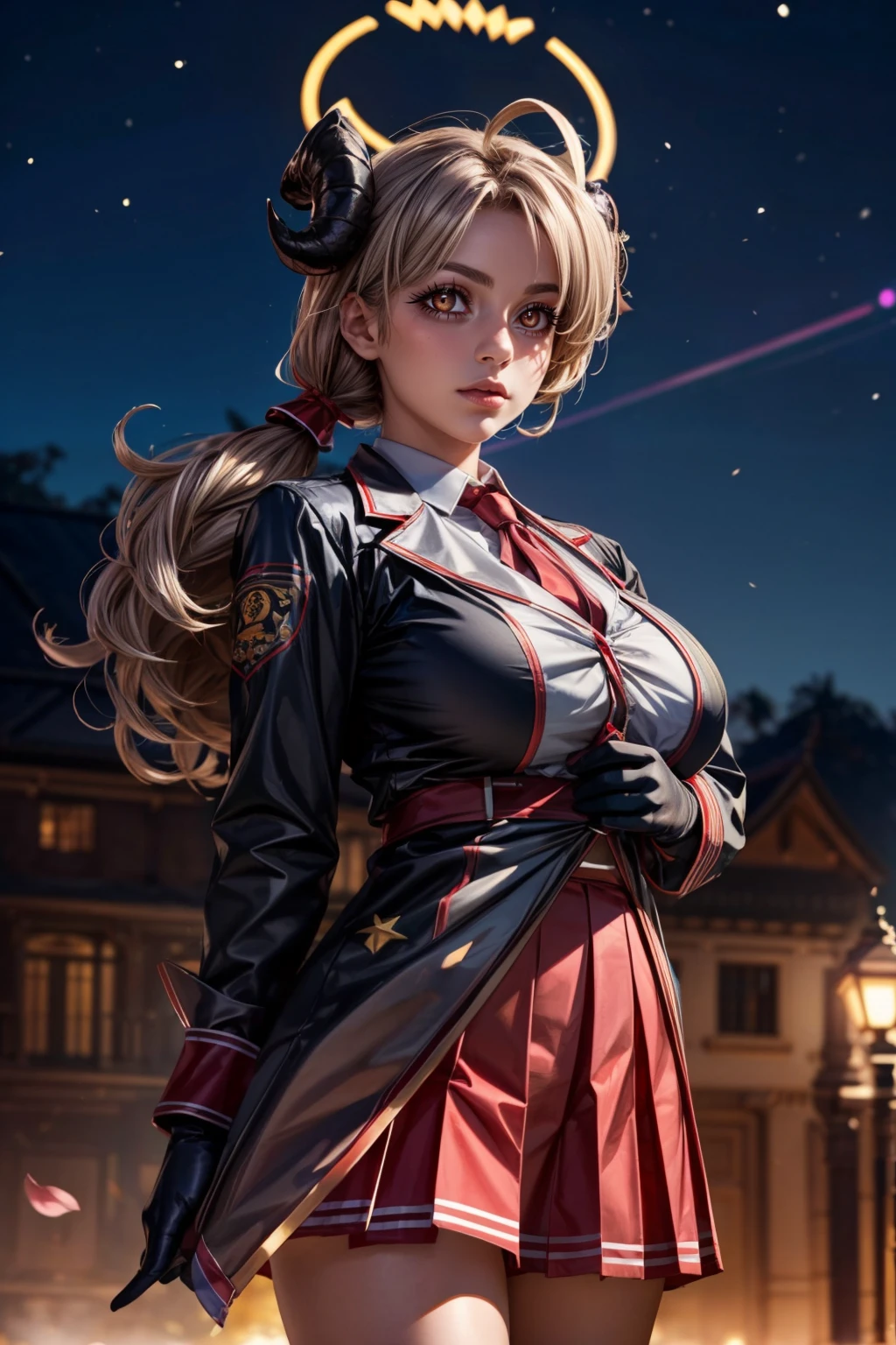 (ultra realistic,32k, masterpiece:1.2),(high detailed skin:1.1),( high quality:1.1), <lora:IllyasvielVonEinzbern_v1:0.7>, zzIllya, looking at viewer, night, outdoors, sky, BREAK,   <lora:Izumi_BlueArchive_Citron:0.8>, zzIzumi, horns, long hair, hair ornament, hairclip, halo, ahoge, yellow eyes, twintails, brown eyes black gloves, low twintails, long sleeves, pleated skirt, red skirt, shirt, grey hair, red necktie, socks, black jacket , BREAK,  blooming stars, luminescent petals, otherworldly fragrance blurry background, (looking at viewer, standing:1.1), huge breast, large breast, <lora:add_detail:0.92>, (glowwave:1.1),