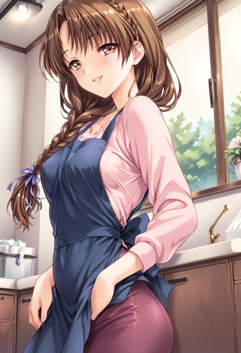 _Wow,  medium hair, Brown Hair,  Brown Eyes , medium breasts,  poses shyly, Red face, nude,  naked apron with suspenders , Blush Spicy