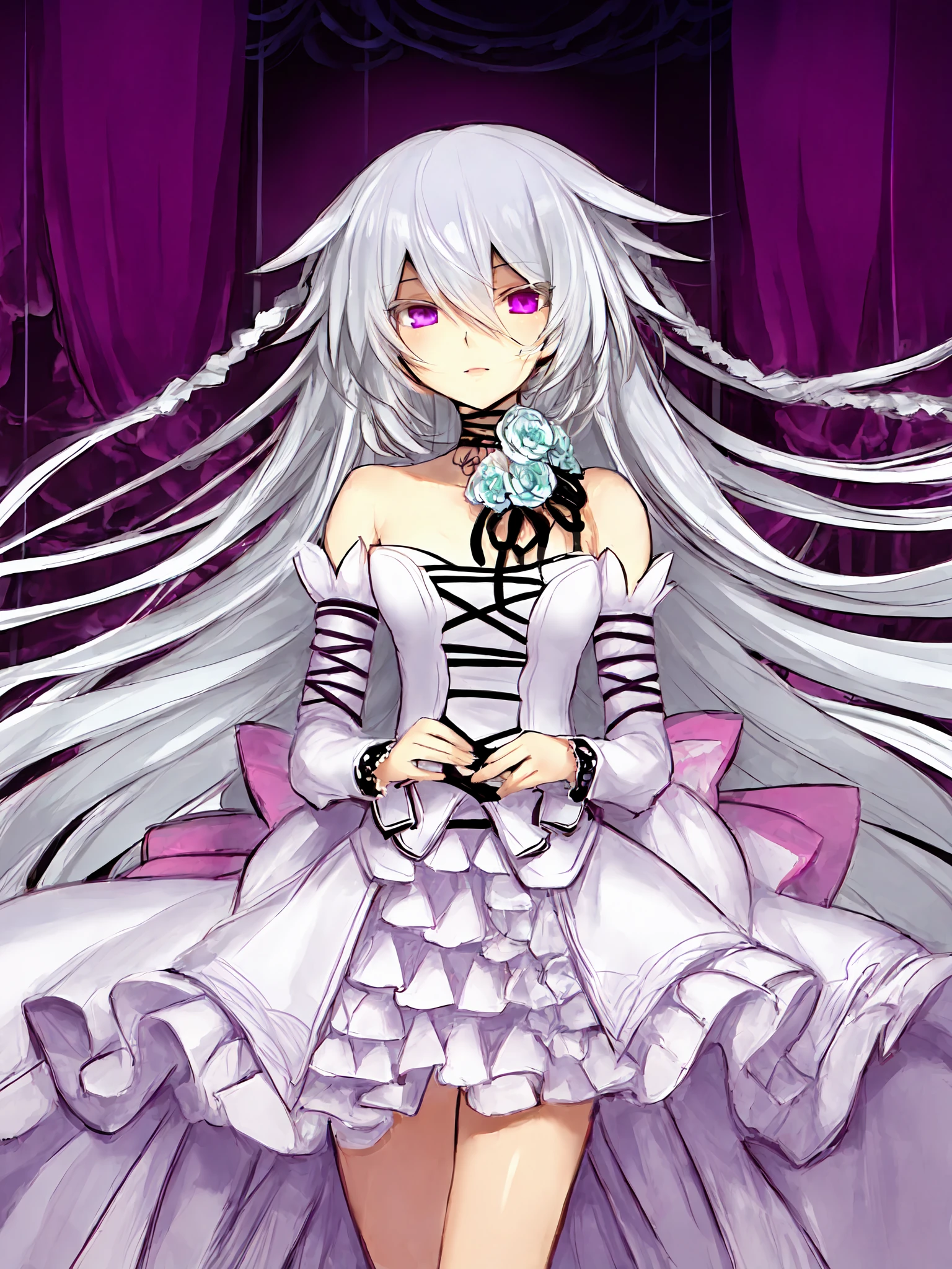 <lora:Will_of_the_Abyss:1>,  will_of_the_abyss, flower, detached sleeves, frills, braid, twin braids ,white dress, breasts, 1girl,  solo,  long hair, purple eyes, (exceptional, best aesthetic, best quality, masterpiece, extremely detailed),