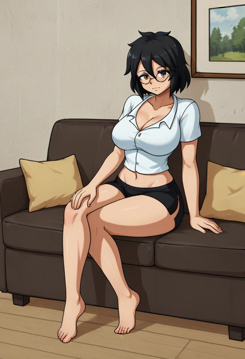 score_9, score_8_up, score_7_up, myCollege_helley, large breasts, glasses, livingroom, couch, sitting