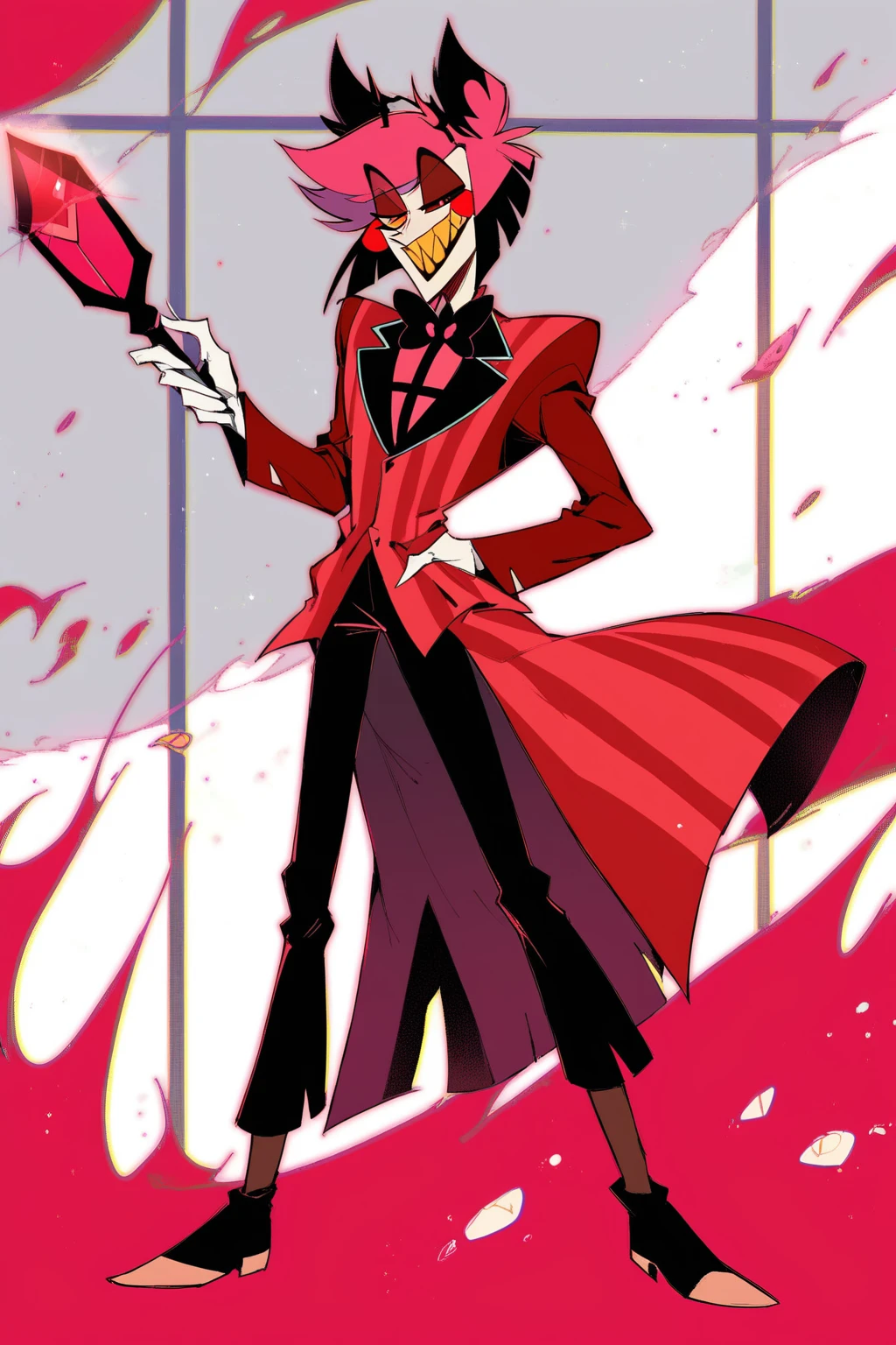 score_9, score_8_up, score_7_up, score_6_up, score_5_up, score_4_up, masterpiece, high quality, BREAK, full body, 1boy,  BREAK,  <lora:Alastor_HH:0.8> Alastor (hazbin Hotel), red hair, red eyes, red suit, sharp teeth, smiling, cane, staff, yellow teeth, horns, pale skin, slender, black pants,