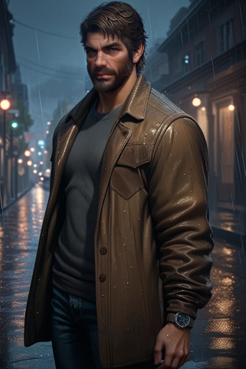 score_9, score_8_up, score_7_up, score_6_up
<lora:TLOUJoel:1.0>
TLOUJoel, 1boy, brown hair, beard, looking at viewer, standing in a rain-soaked street at night, wearing a trench coat, water droplets glistening, moody and cinematic, city lights reflecting in puddles