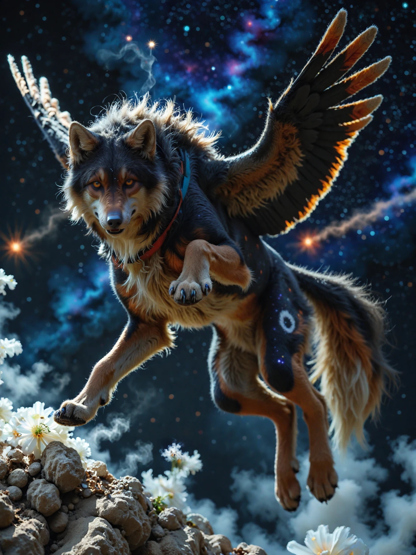 (feral:1.3), wolf, colorful, (galaxy), (nebula), stars, smoke, iridescent, intricate detail, in the shape of a wolf, full body, (space:1.1), (star sky:1.3), (midair), (flying:1.3)
BREAK score_9_up,score_8_up,score_7_up,score_6_up,score_5_up,score_4_up,