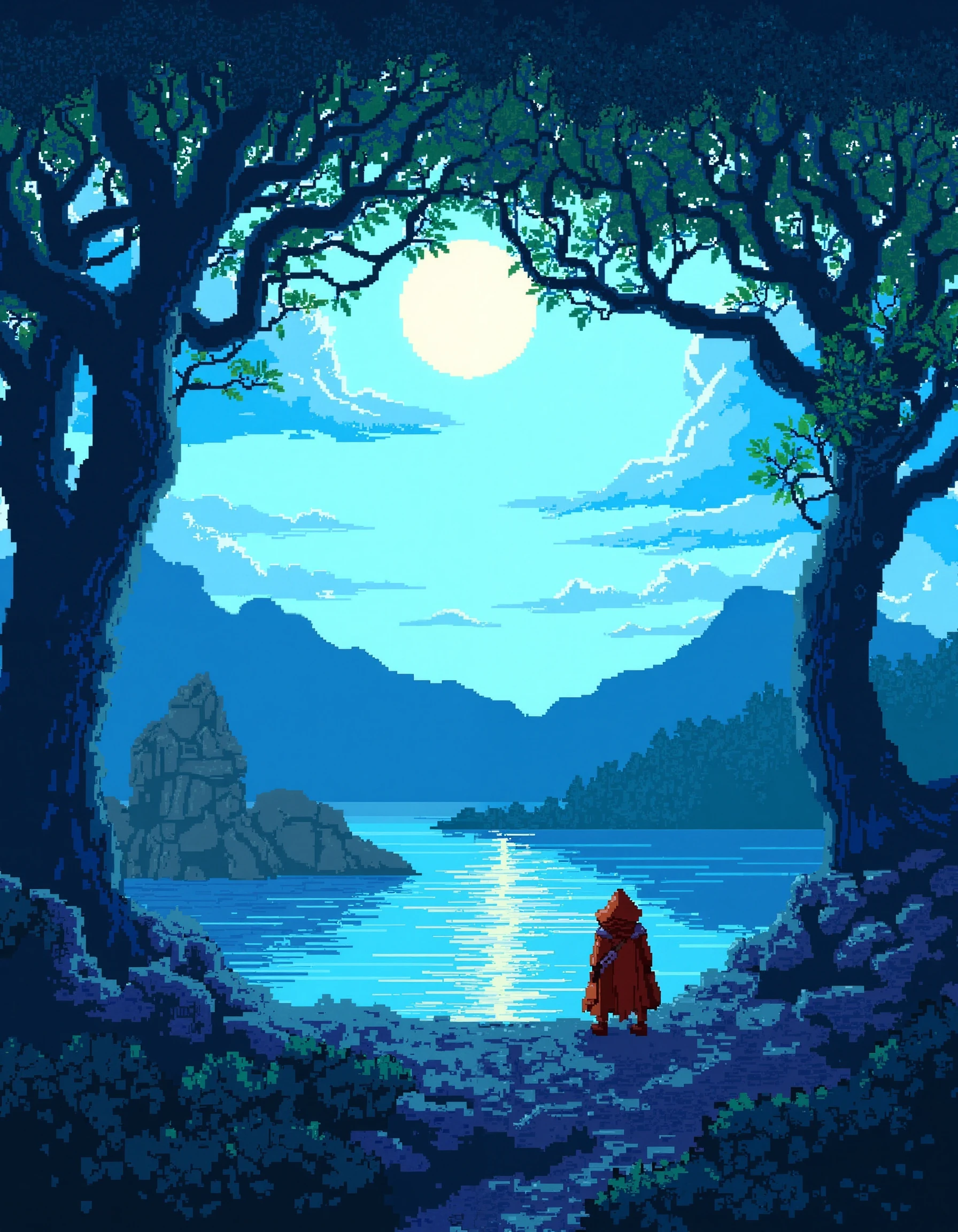 (blue theme, summer, dappled sunlight, 1other, looking away, cloak:1.2), sun, tree, forest, scenery, rock, reflection, water, lake, island, ancient, overgrown, mountains, sunset, clouds, mountainous horizon, fantasy, medieval, (pixel art, pixelated:1.2), (masterpiece, exceptional, best aesthetic, best quality, masterpiece, extremely detailed:1.2), in the style of umempart