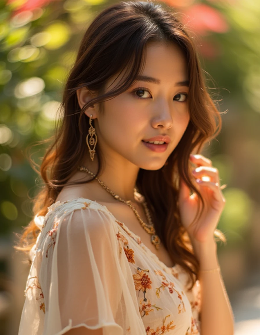 A raw photo of a K-POP wearing a style dress, captured in a medium distance shot. Her skin glows under natural light, highlighting the fine details of her attire and accessories, which include subtle jewelry that enhances the boho charm. Loose strands of her hair fall gently around her face, framing her features with a relaxed, carefree vibe. The intricate patterns of her dress, made of light, flowing fabric, showcase delicate embroidery and soft earthy tones, which reflect the free-spirited essence of the bohemian aesthetic. The texture of the fabric is richly detailed, and the soft shadows bring out the depth of the image, creating a warm and intimate atmosphere. The background is softly blurred, focusing all attention on her expression and the fine textures of her boho dress, giving the photo a sense of authenticity and natural beauty 
,petzval85bokeh, starry_bokeh:1.5,
<lora:hinaFluxPetzval85ArtLenLora_v1-rev1:0.7>