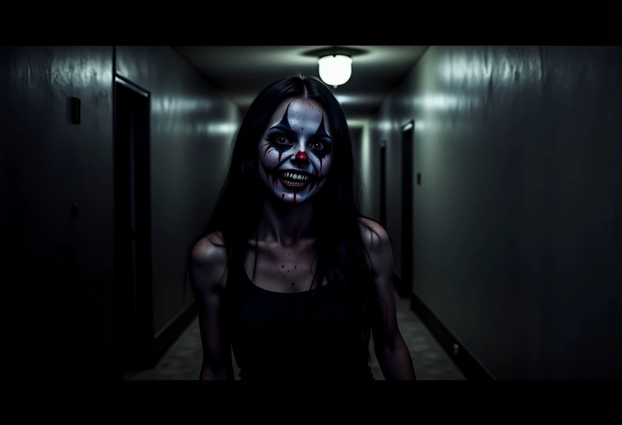 The image is a dark, eerie realistic scene from a horror movie, showcasing a character in a dimly lit, narrow corridor. The subject is an older woman 34 years of age with pale skin and long, dark hair, her face is painted as an evil clown face with sharp teeth, giving her an otherworldly appearance and smiling in an evil way. She has a small, dark tear running down her cheek, adding to the unsettling atmosphere.