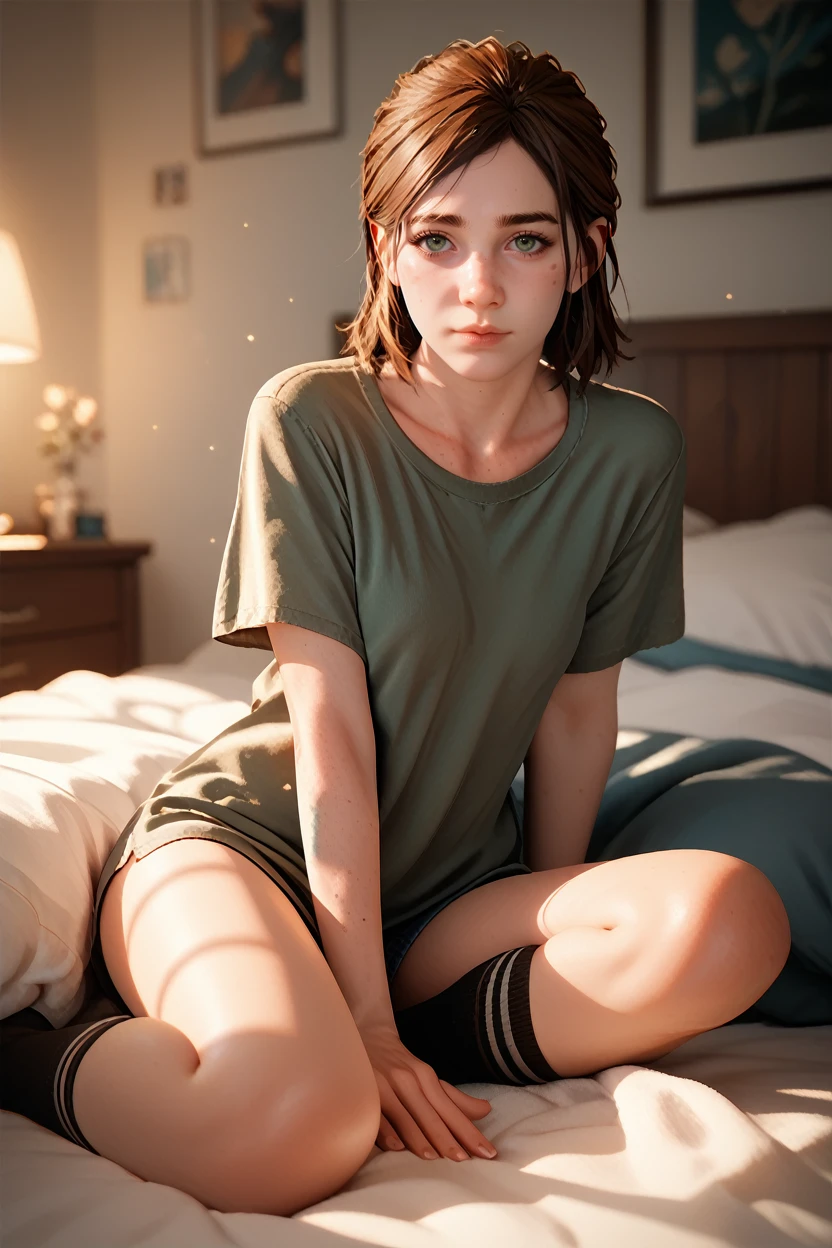 score_9, score_8_up, score_7_up, score_6_up
<lora:TLOU2Ellie:0.8>
TLOU2Ellie, 1girl, brown hair, green eyes, looking at viewer, full body, bedroom, socks, soft lighting, warm lighting