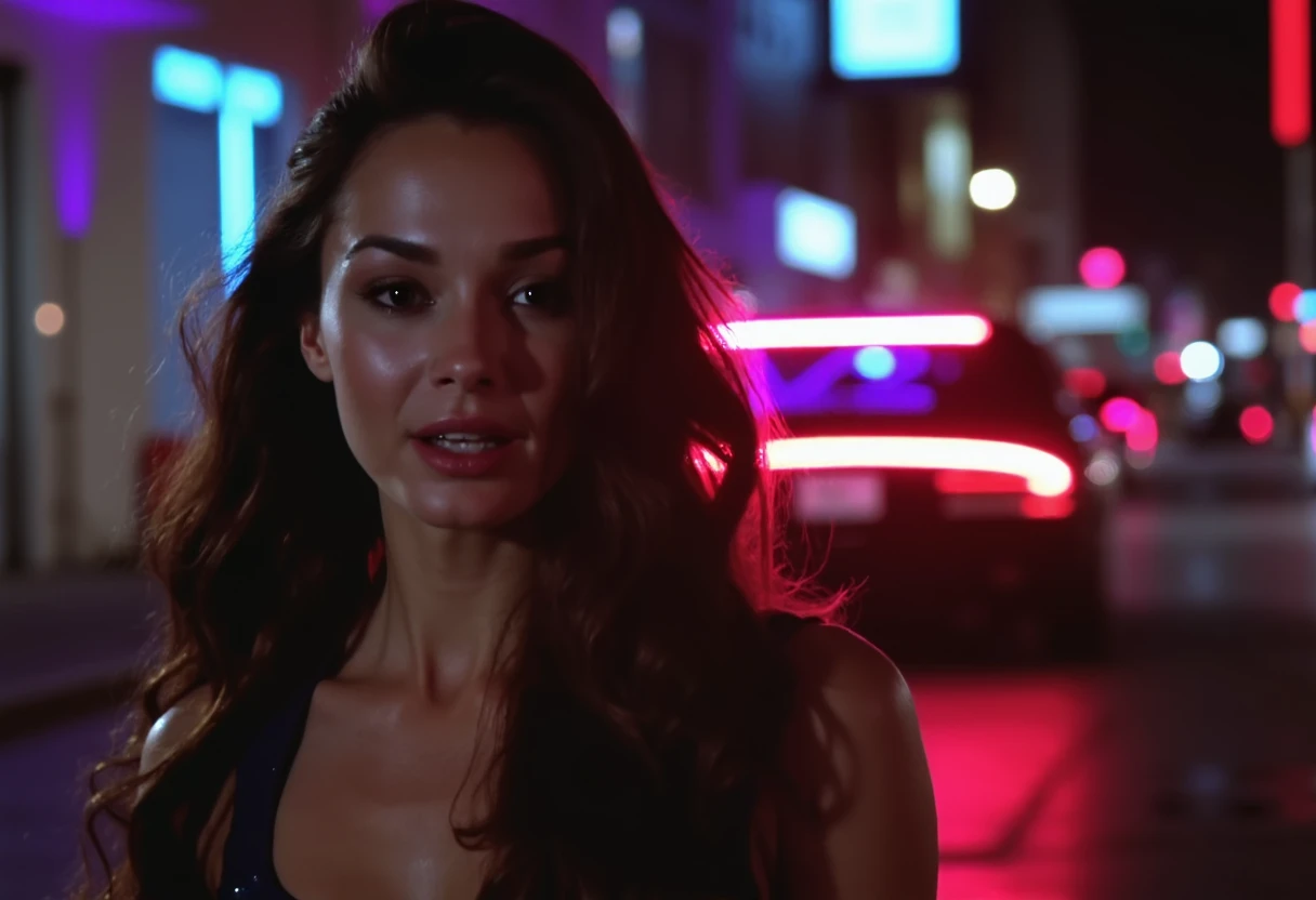 Amateur photography of gal gadot on a paved sidewalk at night in a lively urban setting, Behind her, the scene is filled with vibrant neon lights from nearby buildings, with a brightly lit vehicle parked in the background, adding to the lively atmosphere. The overall image captures the details of the gal gadot's expressions and attire against the vivid, illuminated backdrop, creating a scene that feels both casual and dynamic