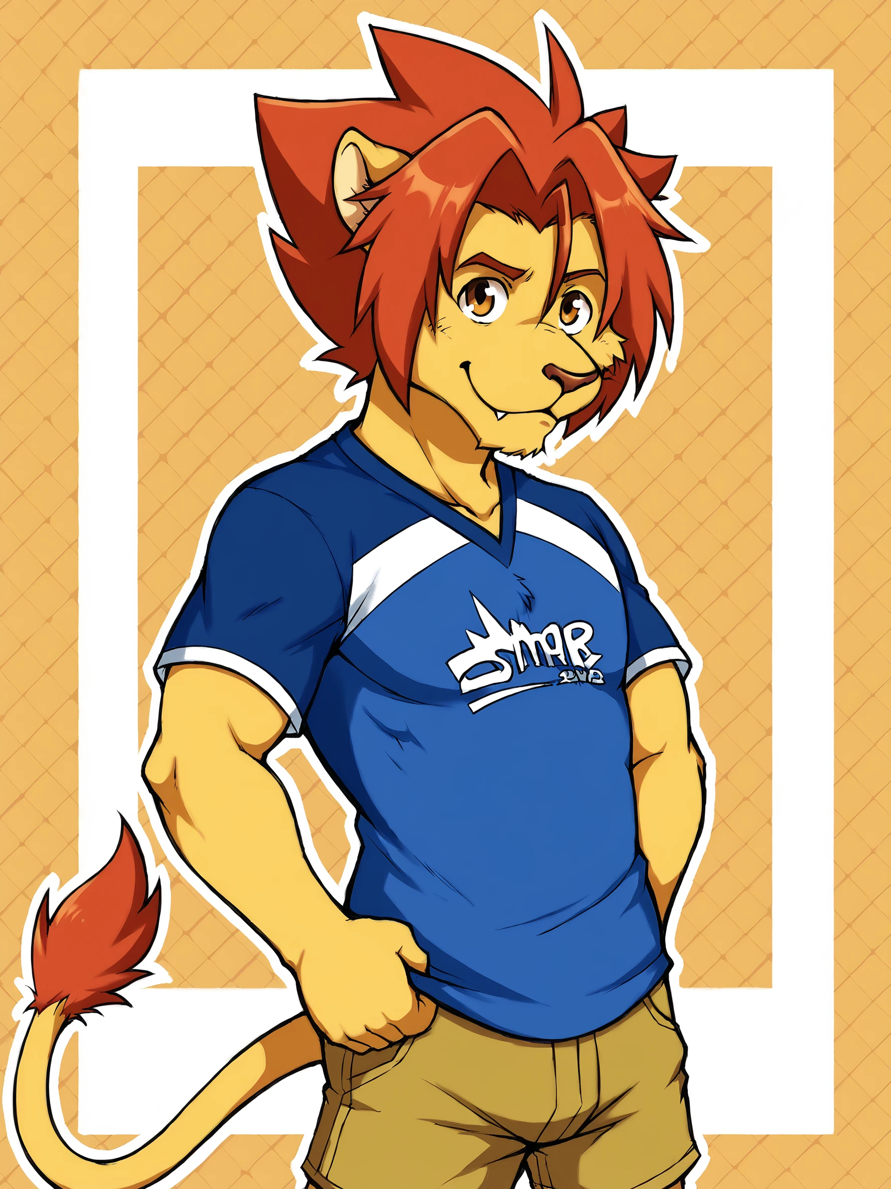 score_9, score_8up, score_7up, score_6up, score_5up, score_4up, source_furry, rating_safe, BREAK
abstract background, BREAK
male, soutaroutodou, anthro, lion boy, yellow body, red hair, BREAK
soccer shirt, shorts, BREAK
<lora:Soutarou_Tonou_-_Morenatsu_-_PDXL:1>