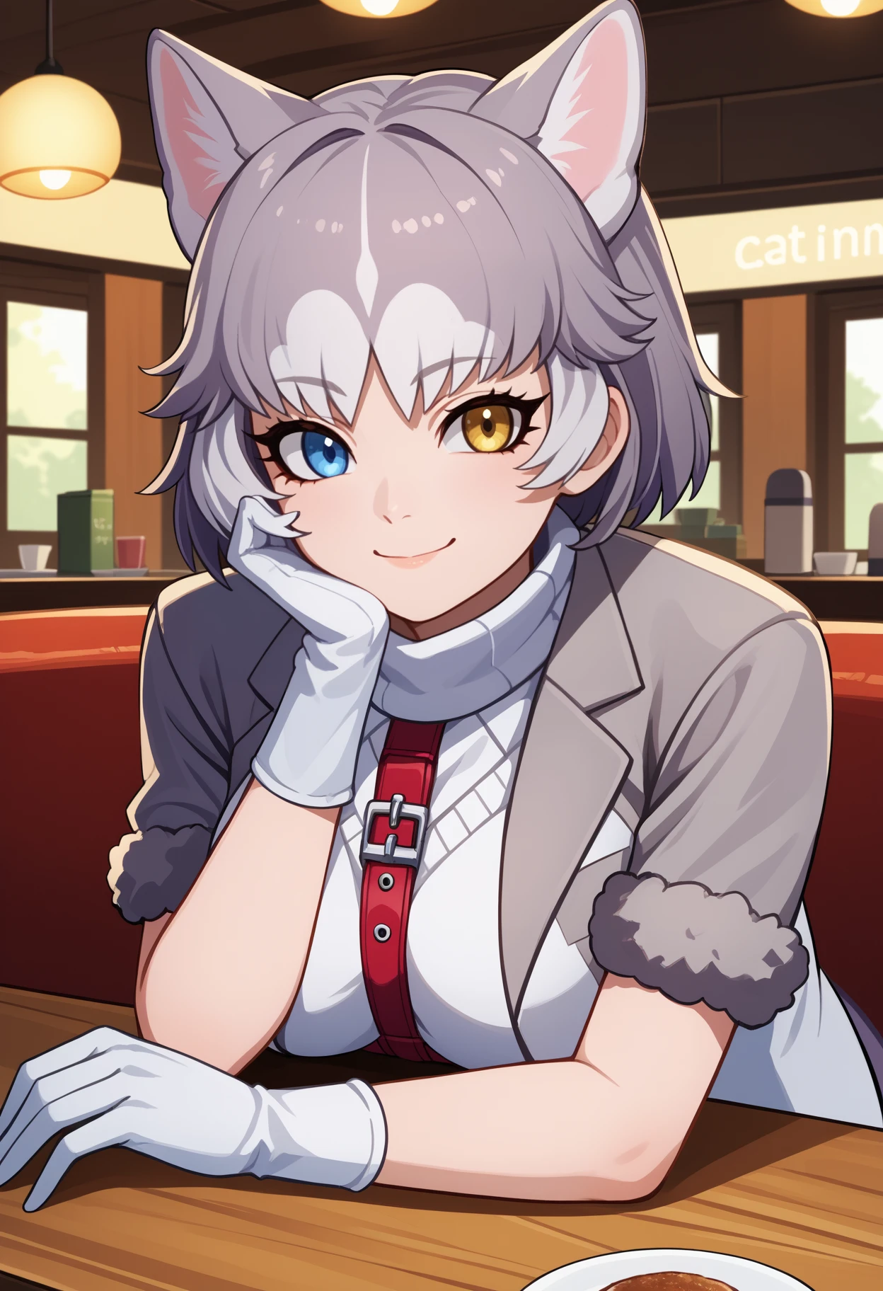 score_9, score_8_up, score_7_up, source_anime, <break> upper body, solo, 1girl, dom3sticd0g, dog tail, smile, looking at you, head rest, short hair, two-tone hair, white hair, grey hair, heterochromia, blue eyes, yellow eyes, fur trim, grey jacket, short sleeves, fur-trimmed sleeves, white sweater vest, harness, white gloves, elbow gloves, large breasts, indoors, cafe, table
<segment:yolo-face_yolov8m.pt,0.4,0.5//cid=1>