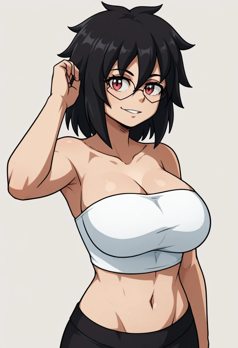 score_9, score_8_up, score_7_up, myCollege_helley, large breasts, glasses, tube top, simple background