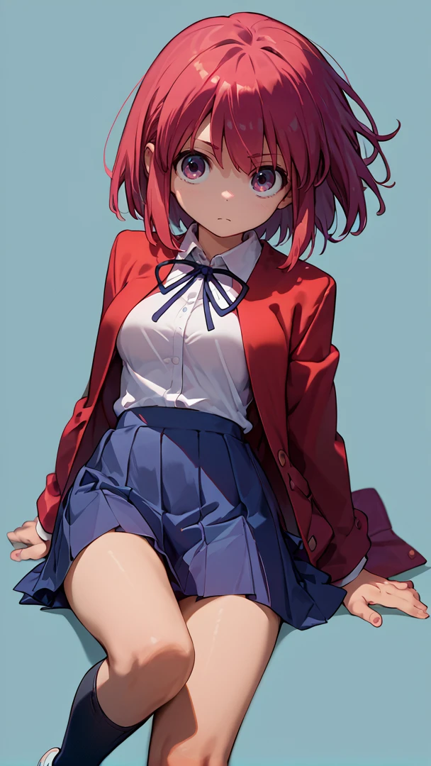 score_9,score_8_up,score_7_up,score_6_up,source_anime,Kushieda Minori, 1girl, solo,red hair,short hair,medium breasts, oohashi high school uniform, red jacket, socks, pleated skirt,looking at viewer,simple background,<lora:aisaka0006-000008:0.8>,