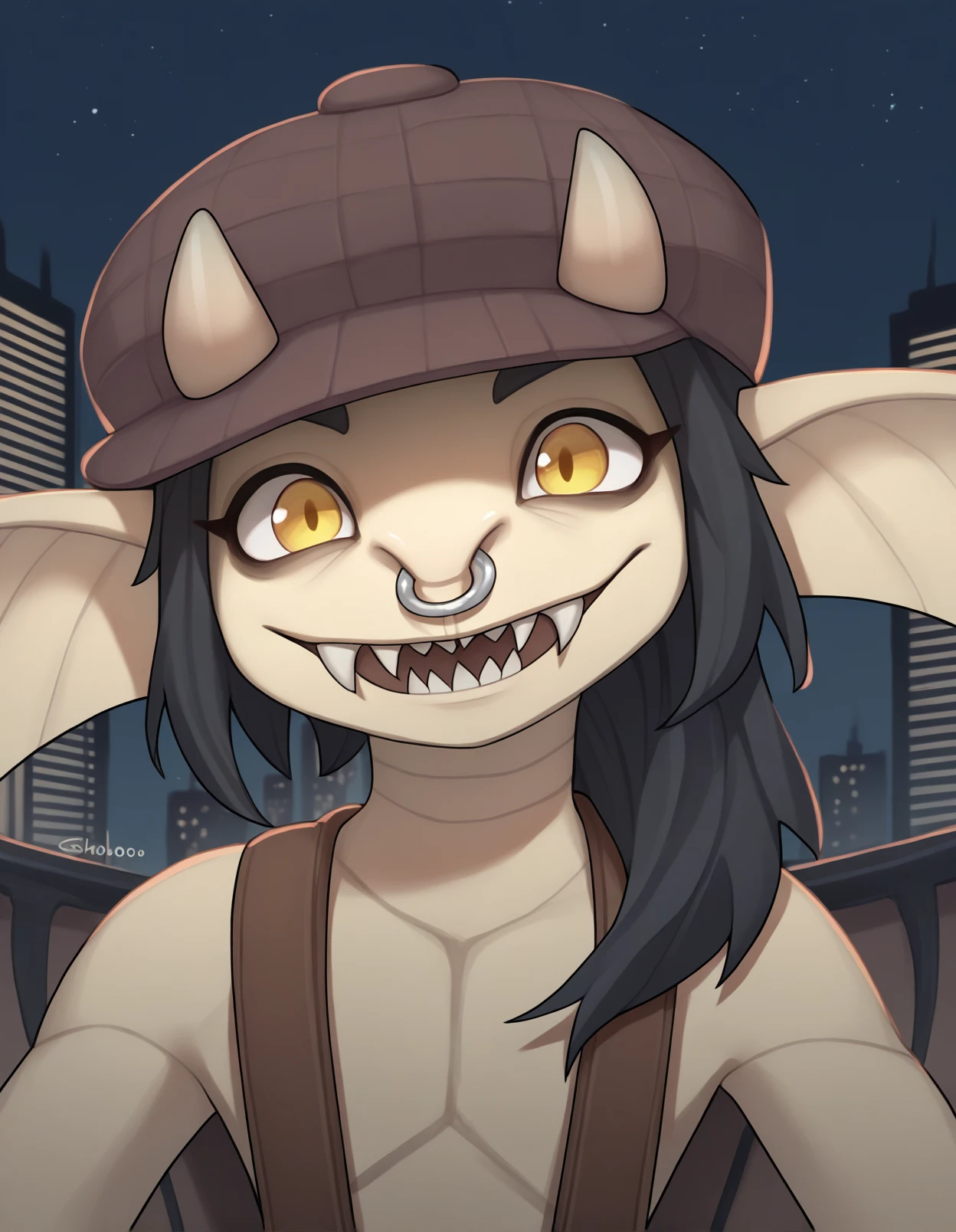 score_9, score_8_up, score_7_up, score_6_up, score_5_up, score_4_up, source_furry, source_safe, onsho, ivy \(deadlock\), deadlock, valve, gargoyle, 4 fingers, anthro, big ears, black hair, clothed, facial piercing, fangs, female, fingers, hair, hat, headgear, headwear, horn, long ears, looking at viewer, nose piercing, nose ring, piercing, ring piercing, septum piercing, septum ring, sharp teeth, smile, solo, teeth, wings, detailed background, outside, city, night, dark background, detailed background, new york, tan body, (headshot portrait, portrait, close-up, face closeup:1.3), suspenders
<lora:ivy-deadlock-v2_pdxl:1>
