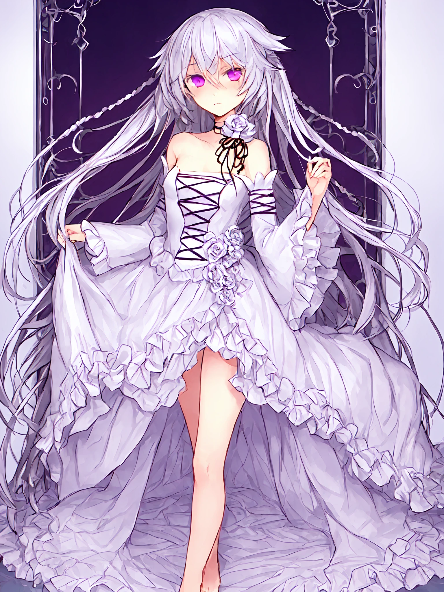 <lora:Will_of_the_Abyss:1>,  will_of_the_abyss, flower, detached sleeves, frills, braid, twin braids ,white dress, breasts, 1girl,  solo, barefoot, long hair, purple eyes, (exceptional, best aesthetic, best quality, masterpiece, extremely detailed),