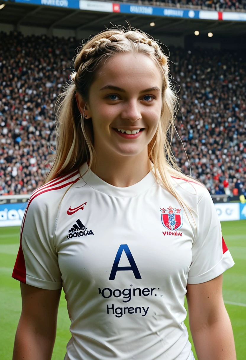 score_9, score_8_up, score_7_up, award-winning NSFW photograph, 1girl, 23yo harper_fit_girl, brunette hair with blonde highlights, blue eyes, french braids, smiling, rugby, rugby shirt, rugby match, rugby tackle, rugby ball