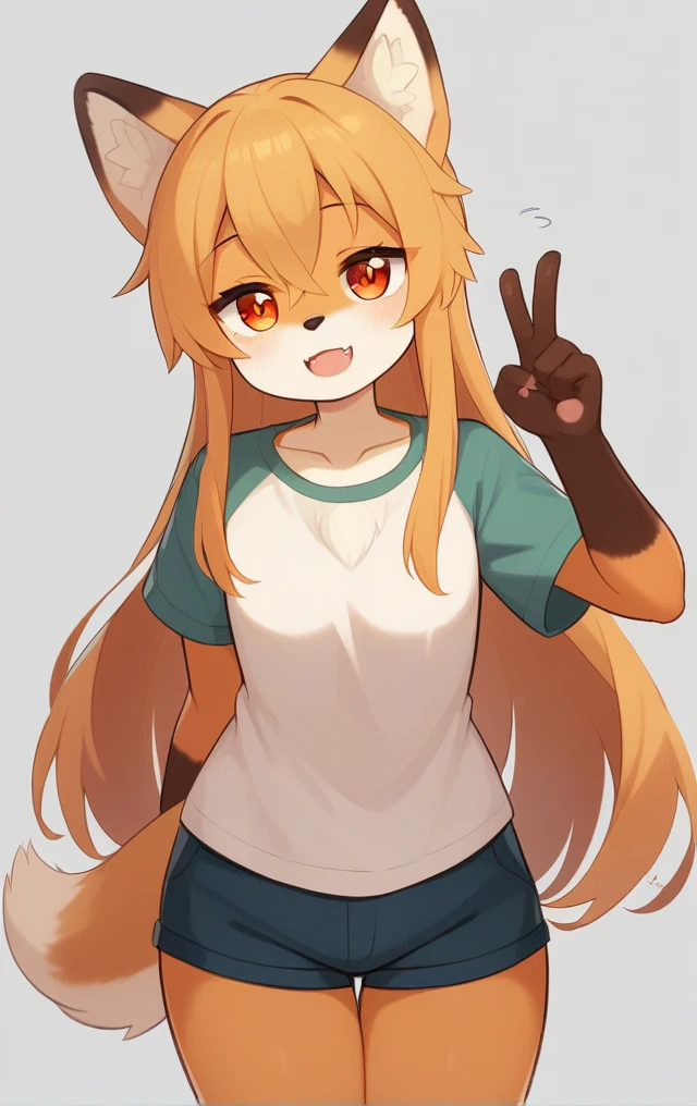 score_9, score_8_up, score_7_up,score_6_up,score_5_up, source_furry, 1girl, solo, cub, animal ears, long hair, furry female, furry, tail, red eyes, fox girl, fox tail, fox ears, open mouth, shirt, white background, looking at viewer, simple background, shorts, fangs, white shirt, smile, cowboy shot, very long hair, short sleeves, brown fur, body fur, short shorts, blonde hair, collarbone, animal nose, bangs, :d, standing, raglan sleeves, animal ear fluff, two-tone fur, hair between eyes, <lora:Kurena_pony_v1:1.2>, krn, <lora:p:0.35>