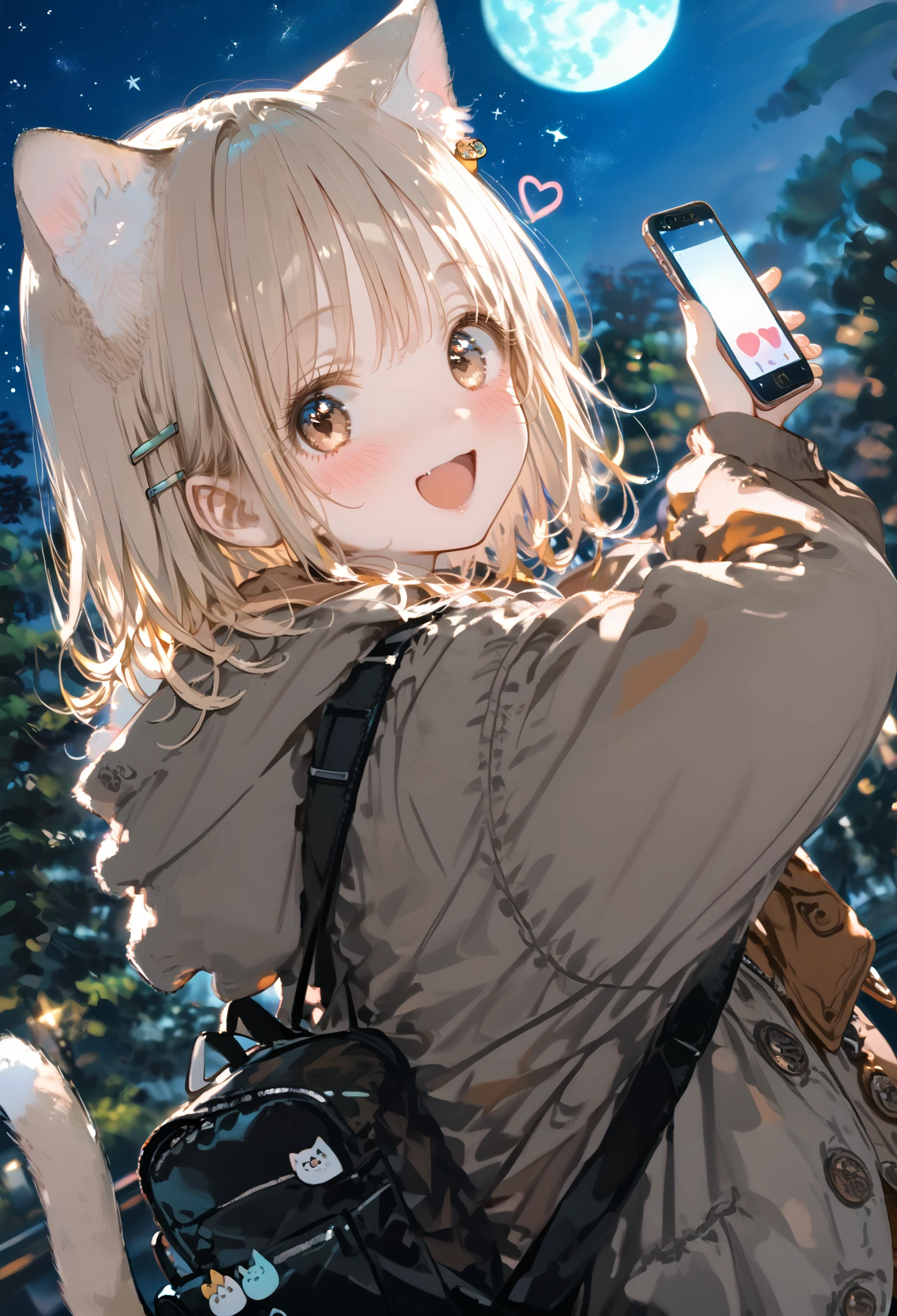 score_9, score_8_up, score_7_up, best quality, source_anime BREAK, ima_AI123, 1girl, animal ears, black bag, full moon, night sky, cat tail, cat girl, holding phone, outdoors, hood down, cellphone, blush, smile, brown jacket, looking at viewer, long sleeves, brown eyes, star (sky), sleeves past wrists, open clothes, hooded jacket, hair ornament, starry sky, open mouth, :d, heart, smartphone, blonde hair, grey jacket, upper body, open jacket, arms up, backpack, tree, animal ear fluff, dutch angle, shirt, medium hair, hairclip, blurry, <lora:ima_AI123:1>