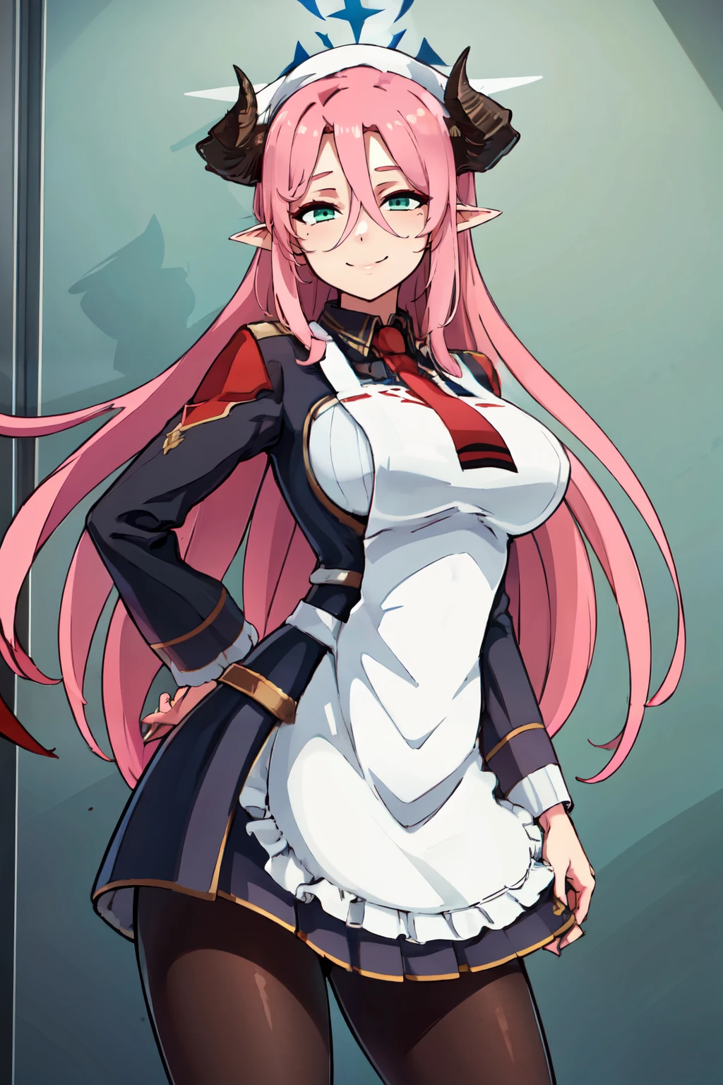 ((masterpiece,best quality)), absurdres,  BREAK, , <lora:Juri_BlueArchive_Citron:0.8>, zzJuri, horns, long hair, pink hair, pointy ears, hair between eyes, halo, demon horns, very long hair, large breasts, green eyes, solo, long sleeves, white apron, red necktie, black pantyhose, , BREAK, hip to the side, hand on hip, contrapposto,, BREAK, solo, smile, looking at viewer, cowboy shot,