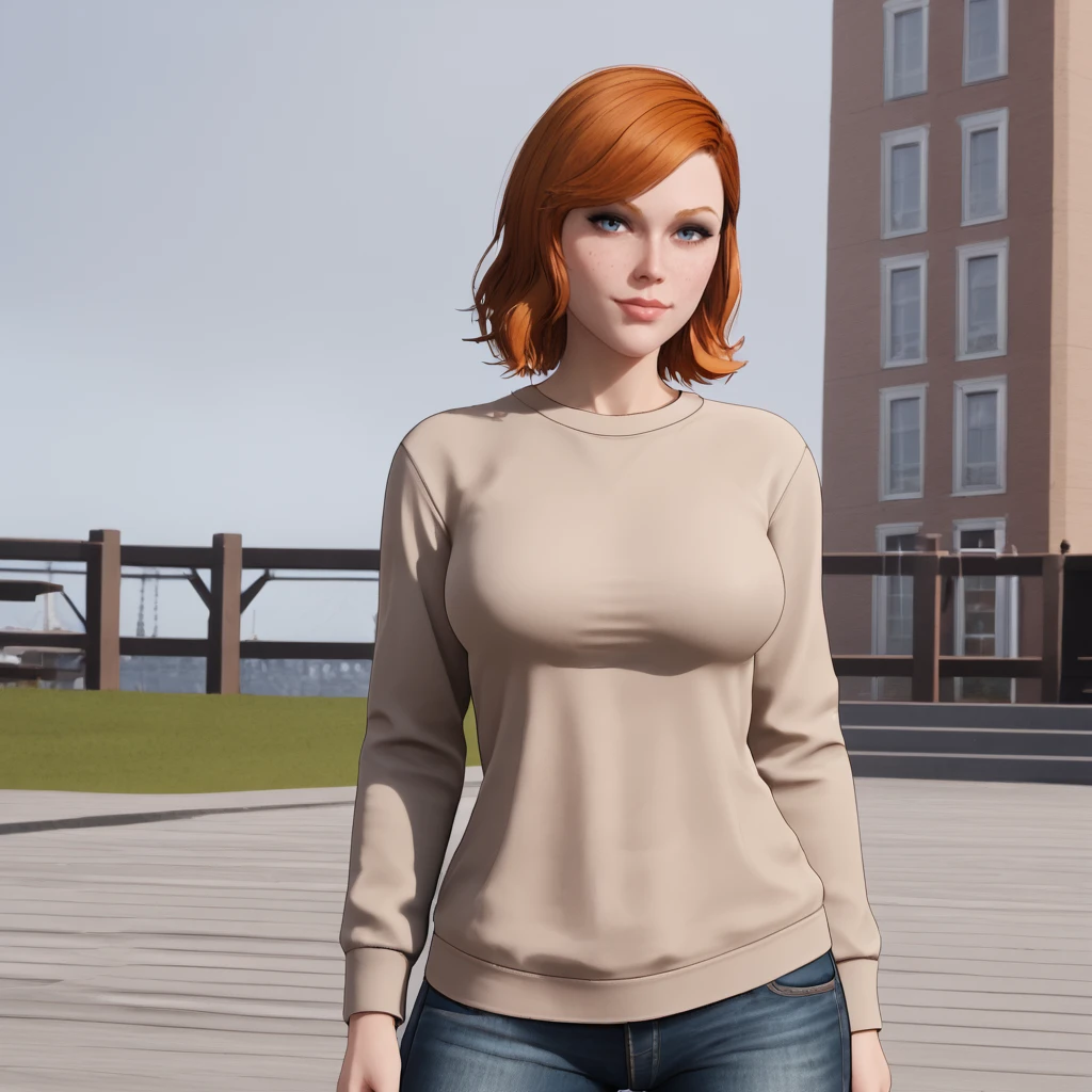 <lora:batgirlgothamknights_pony_v1:.8>BarbaraNoMaskNudeGothamKnights, 1girl, large breasts, orange medium hair, cowboy shot, sweater, jeans