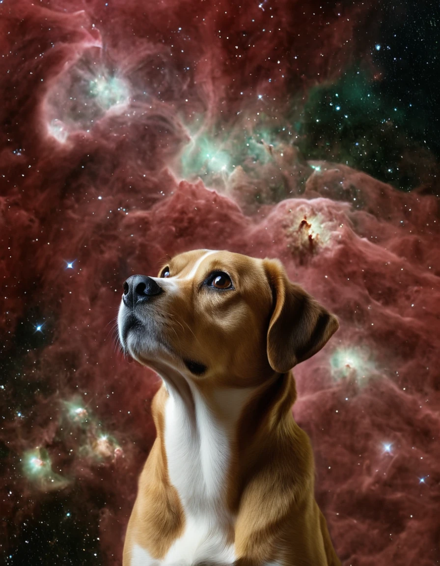 dog looking up at the sky with 3 nebulae,  <lora:Nebula:1.0> nebula