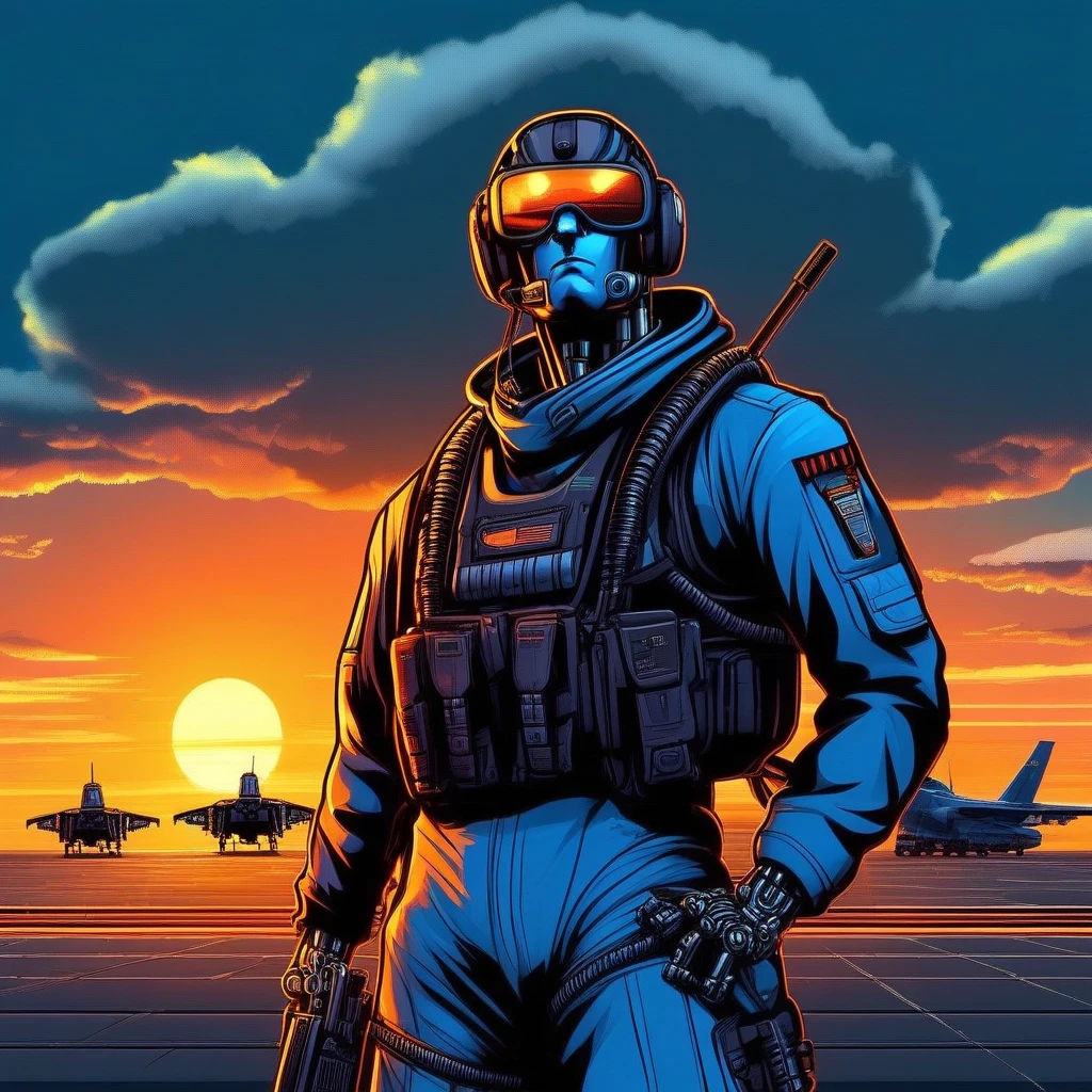 aircraft, simple background, pilot, robot, assault rifle, laser, cloud, sunset, army, black background, standing, pilot suit, sitting, suit, denim, hands in pockets, blue skin, clenched teeth, hood up